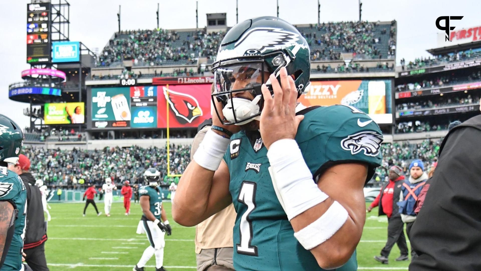 Philadelphia Eagles quarterback Jalen Hurts (1) walks off the field after loss to Arizona Cardinals at Lincoln Financial Field.