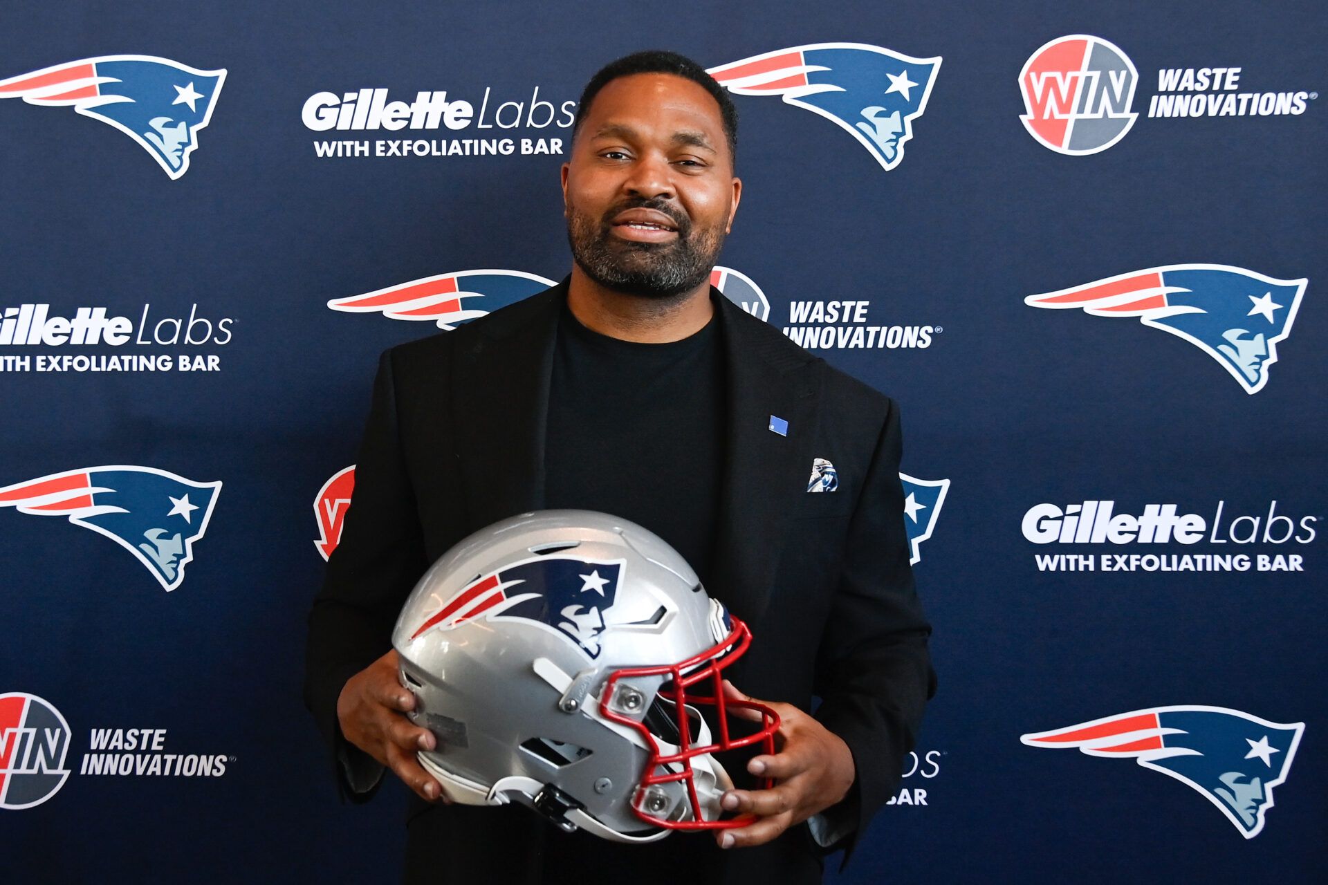 New England Patriots head coach Jerod Mayo poses for a photo at a press conference held at Gillette Stadium to announce his hiring as head coach.