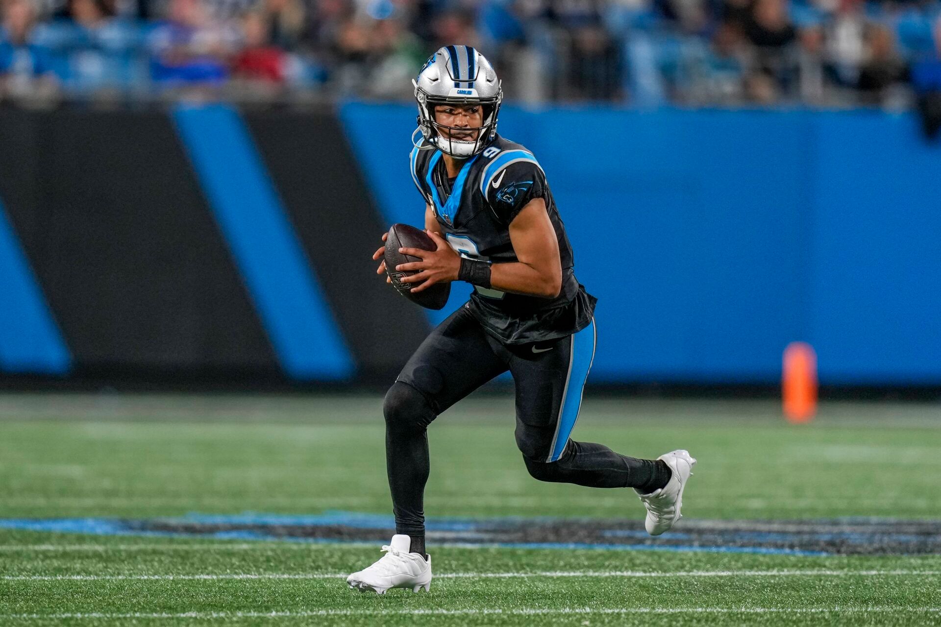 Carolina Panthers quarterback Bryce Young (9) looks to pass during the second half against the Indianapolis Colts at Bank of America Stadium.