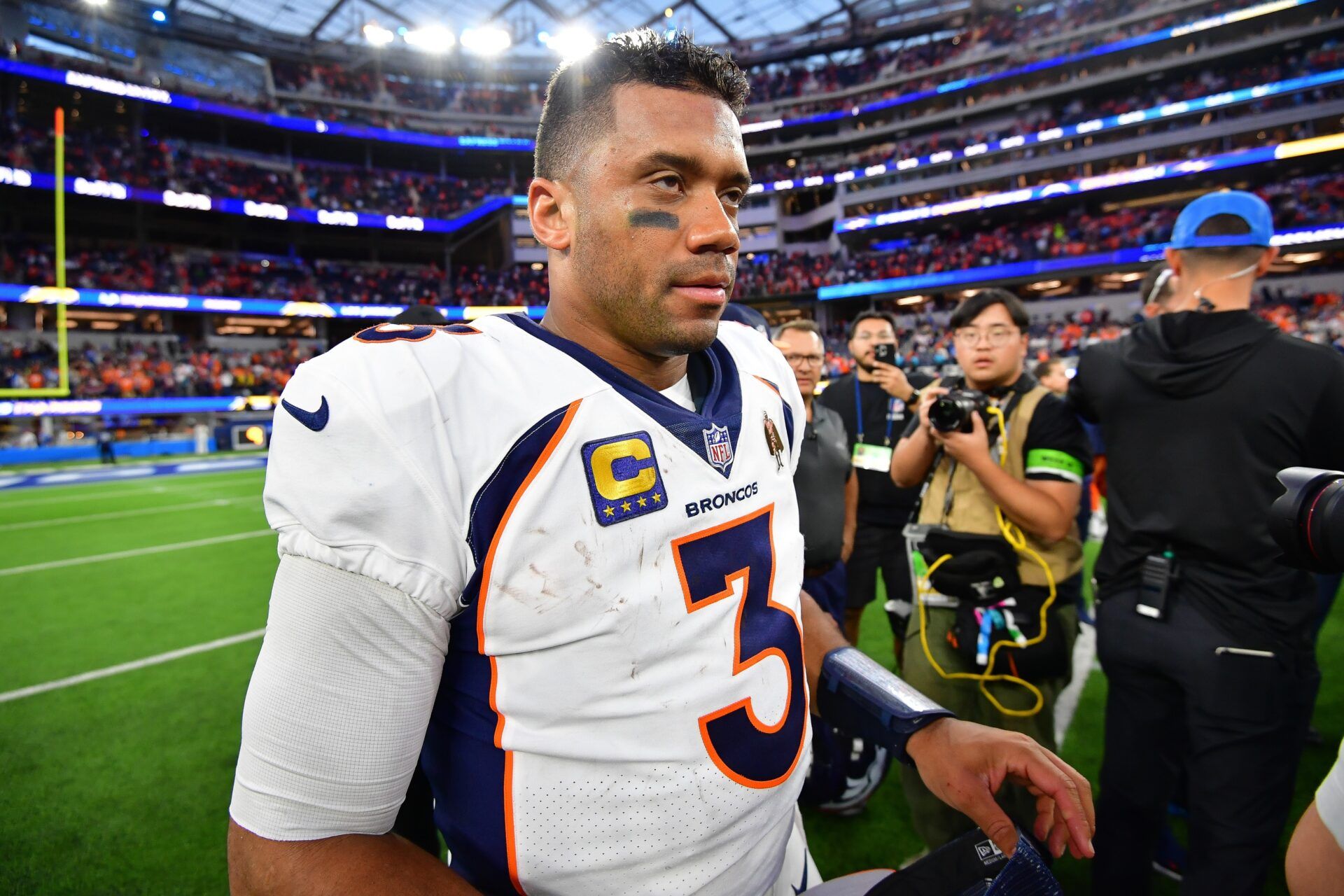 Denver Broncos quarterback Russell Wilson (3) reacts following the victory against the Los Angeles Chargers.