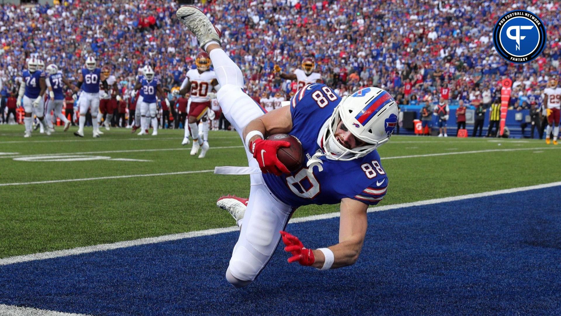 Bills tight end Dawson Knox makes a twisting catch for a 14 yard touchdown against Washington.