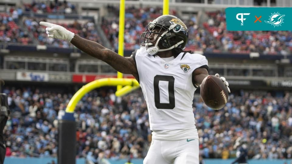 Jacksonville Jaguars wide receiver Calvin Ridley (0) reacts after scoring a touchdown against the Tennessee Titans during the first half at Nissan Stadium.