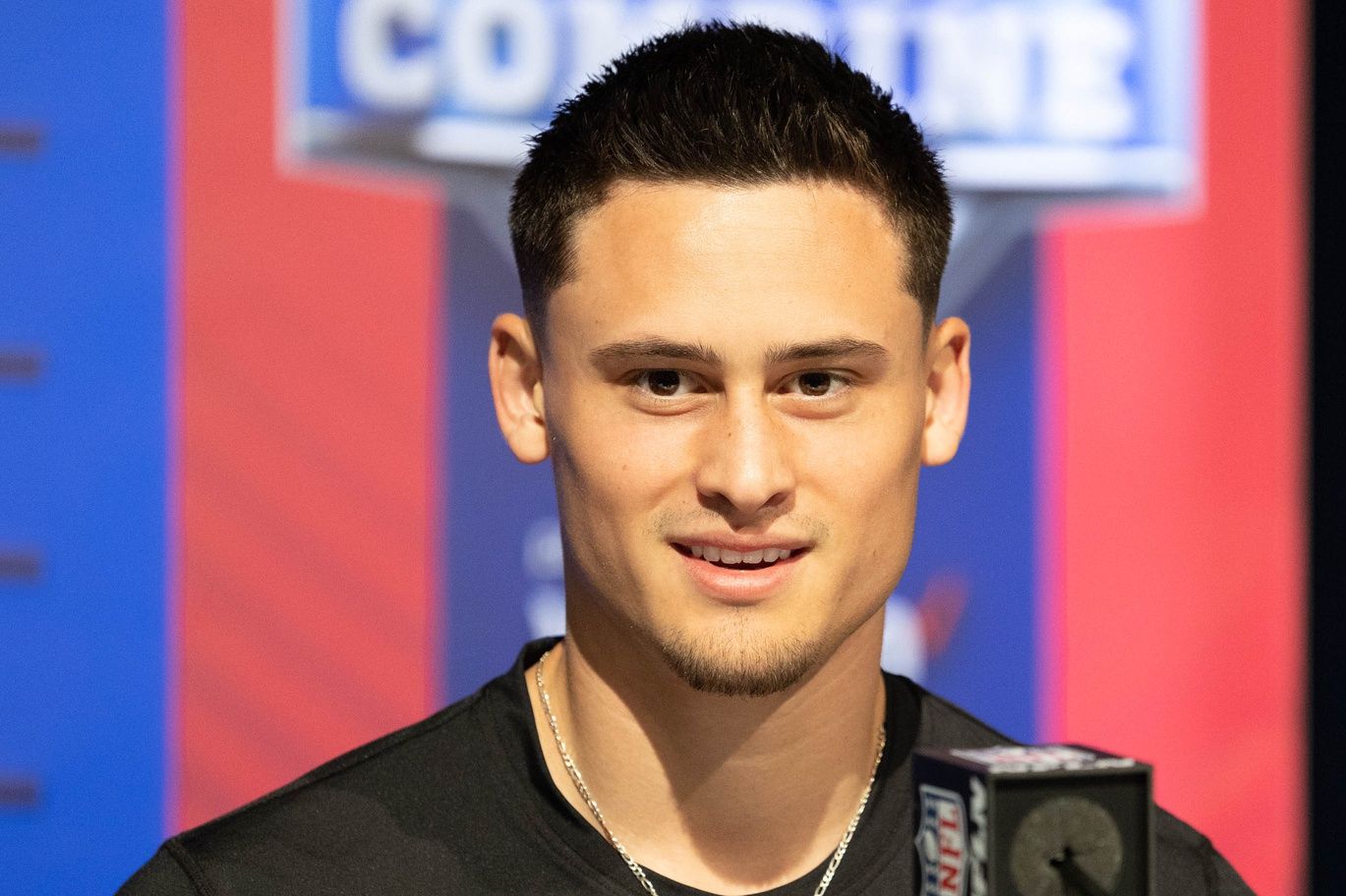 San Diego State place kicker Matt Araiza (PK01) talks to the media during the 2022 NFL Scouting Combine at Lucas Oil Stadium.