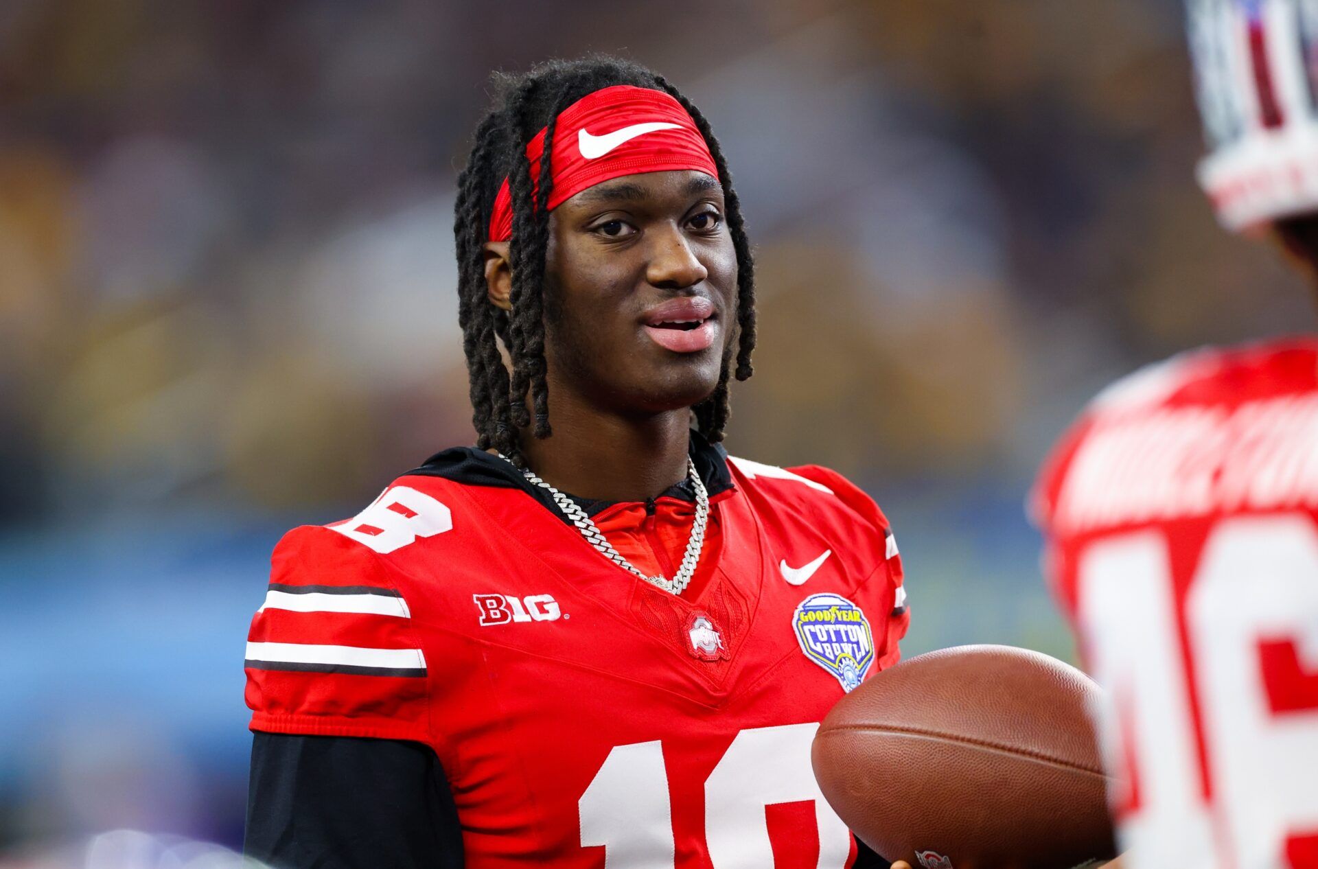 Ohio State Buckeyes wide receiver Marvin Harrison Jr. (18) looks on during the second half against the Missouri Tigers at AT&T Stadium.