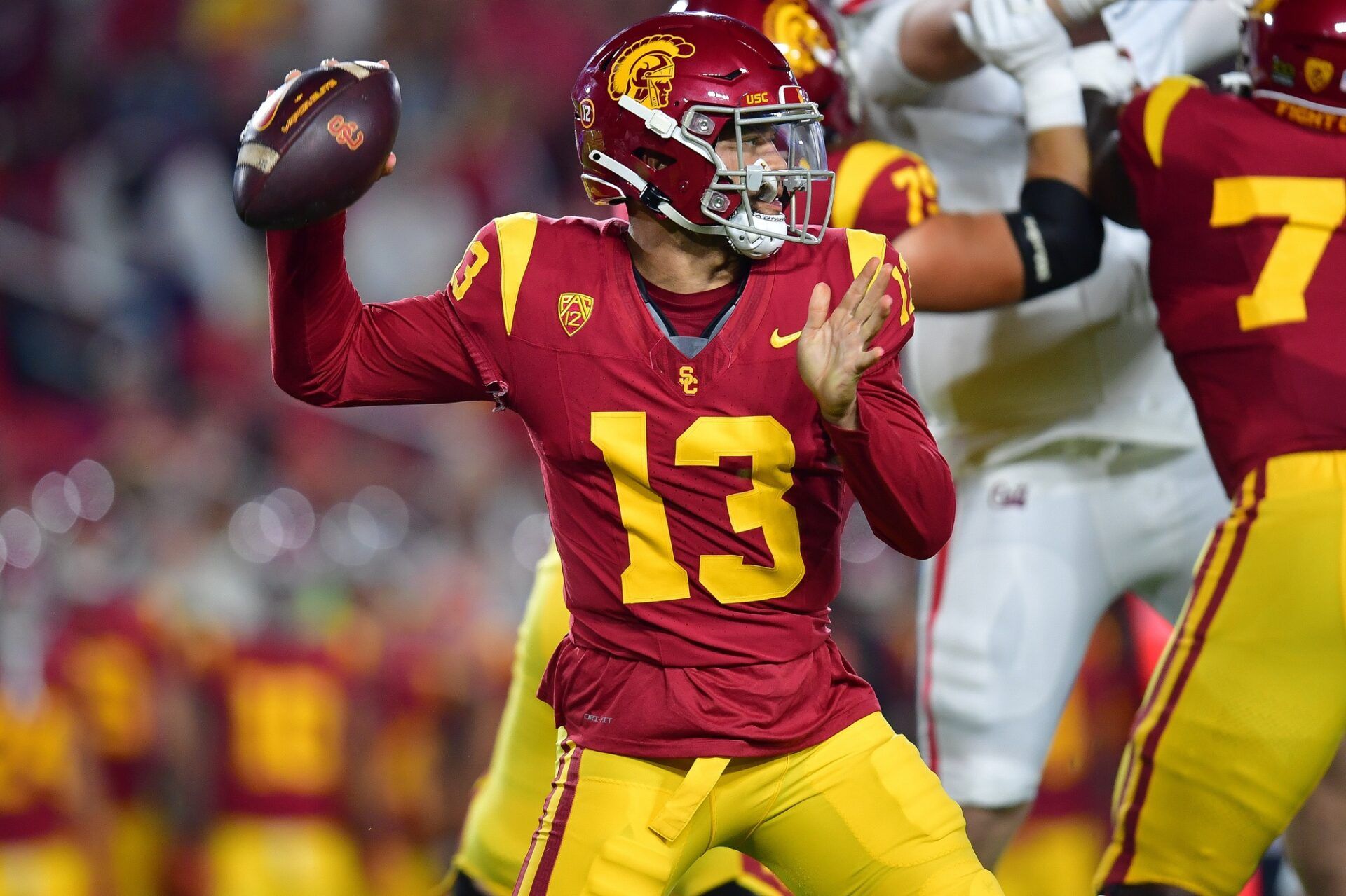 Southern California Trojans quarterback Caleb Williams (13) throws against the Arizona Wildcats during the first half at Los Angeles Memorial Coliseum.