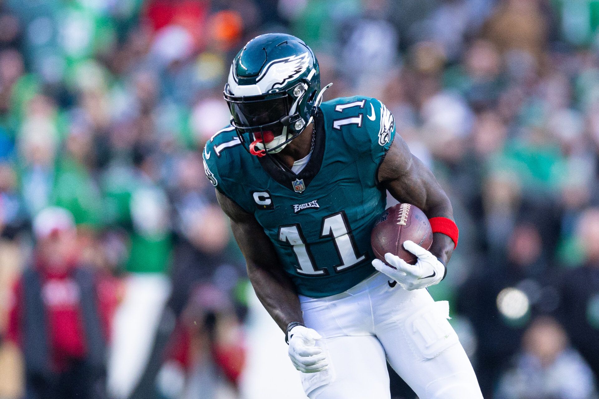 Philadelphia Eagles wide receiver A.J. Brown (11) runs with the ball during the fourth quarter against the Arizona Cardinals at Lincoln Financial Field.