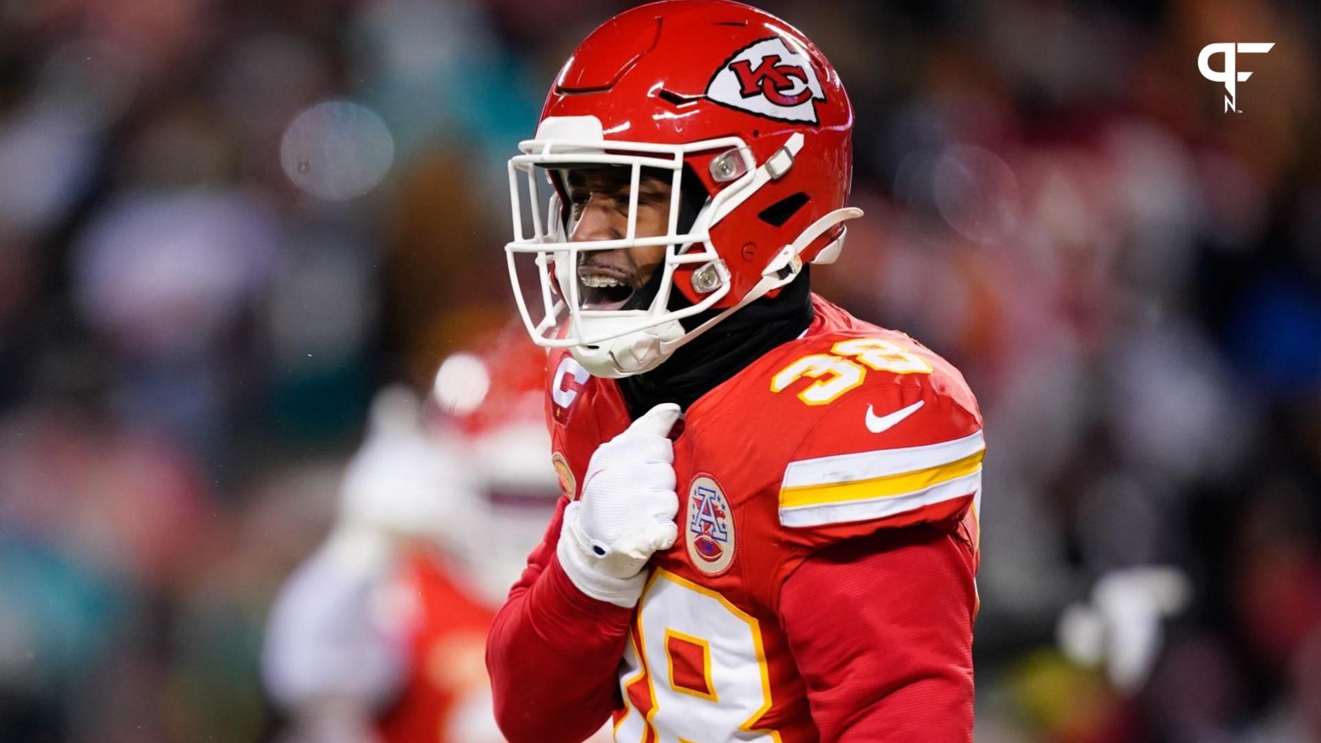 Kansas City Chiefs cornerback L'Jarius Sneed (38) reacts against the Miami Dolphins during the first half of the 2024 AFC wild card game at GEHA Field at Arrowhead Stadium.