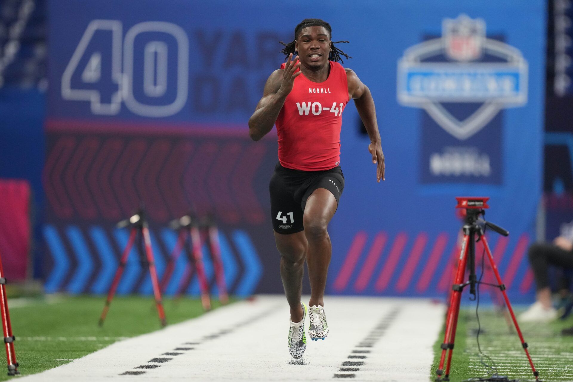Rashee Rice (WO41) participates in the 40-yard dash at Lucas Oil Stadium.