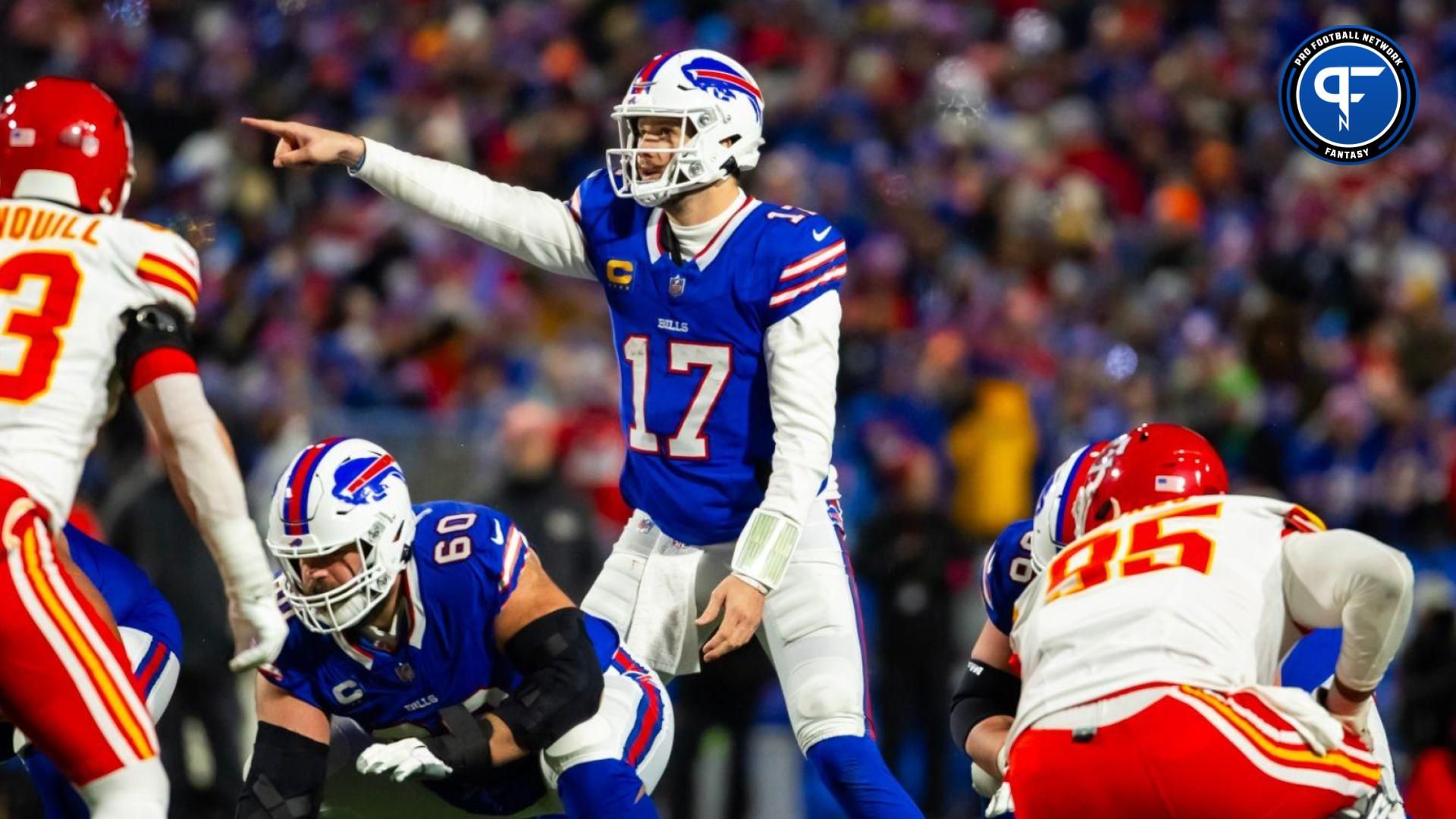 Buffalo Bills quarterback Josh Allen (17) calls a play against the Kansas City Chiefs during the 2024 AFC divisional round game at Highmark Stadium.