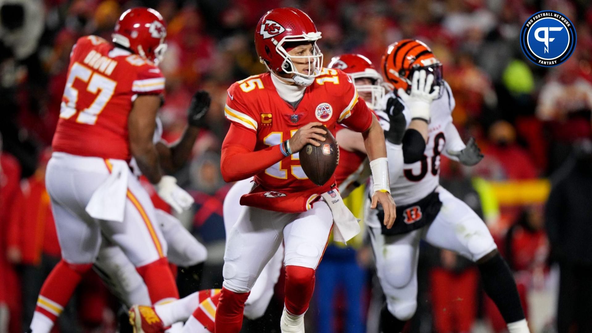 Kansas City Chiefs quarterback Patrick Mahomes (15) runs out of the pocket in the second quarter during the AFC championship NFL game between the Cincinnati Bengals and the Kansas City Chiefs, Sunday, Jan. 29, 2023, at GEHA Field at Arrowhead Stadium in Kansas City, Mo.