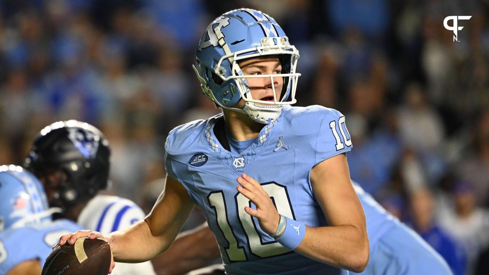 North Carolina Tar Heels quarterback Drake Maye (10) looks to pass in the first quarter at Kenan Memorial Stadium