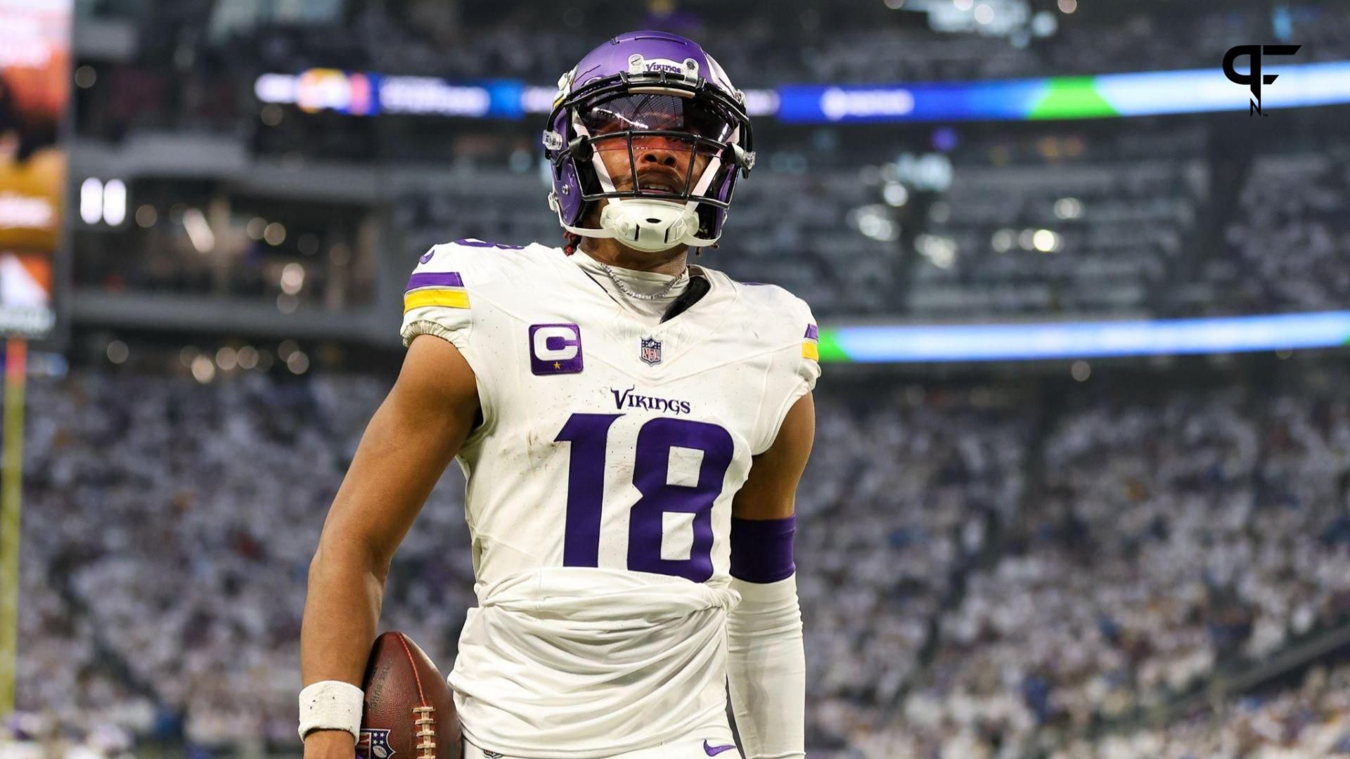 Minnesota Vikings wide receiver Justin Jefferson (18) celebrates his touchdown against the Detroit Lions during the second quarter at U.S. Bank Stadium.