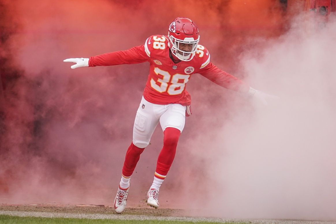 Kansas City Chiefs cornerback L'Jarius Sneed (38) is introduced against the Las Vegas Raiders prior to a game at GEHA Field at Arrowhead Stadium.