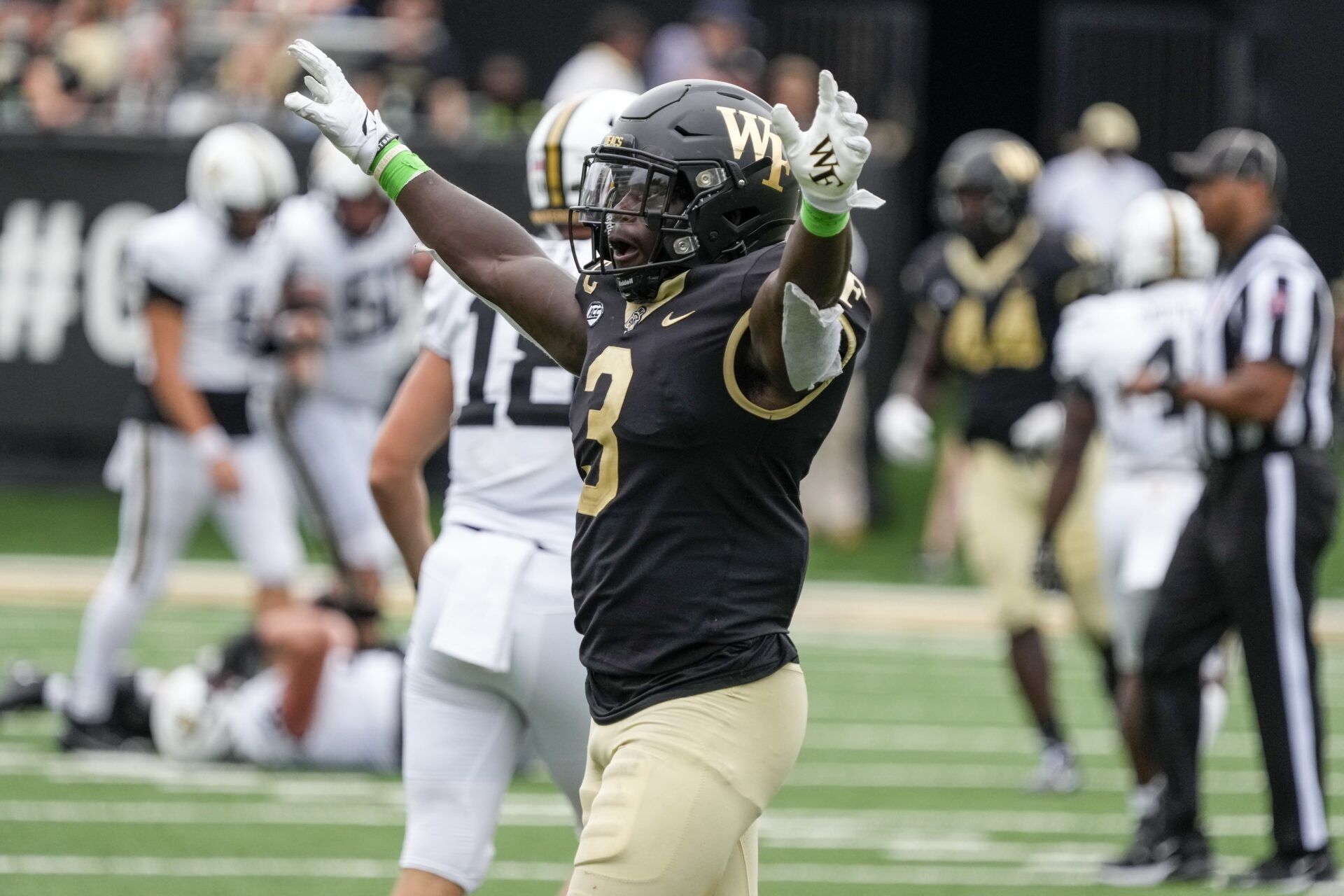 Wake Forest Demon Deacons defensive back Malik Mustapha (3) celebrates the win over Vanderbilt Commodores during the second half at Allegacy Federal Credit Union Stadium.