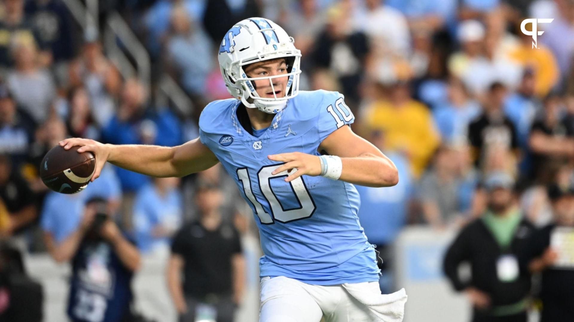 North Carolina Tar Heels quarterback Drake Maye (10) looks to pass in the third quarter at Kenan Memorial Stadium.