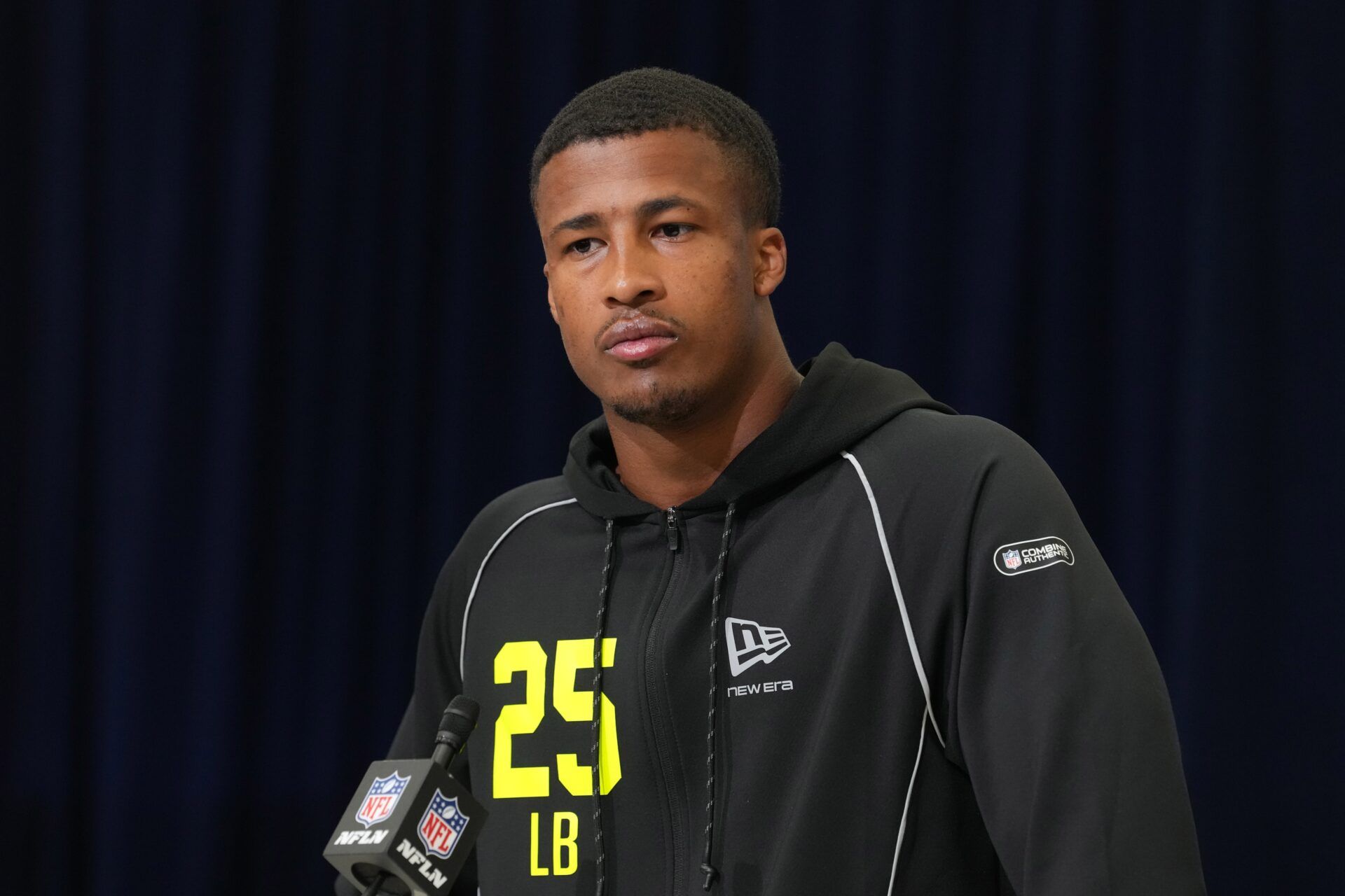 Ohio State linebacker Sonny Styles (LB25) speaks during the NFL Scouting Combine at the Indiana Convention Center.