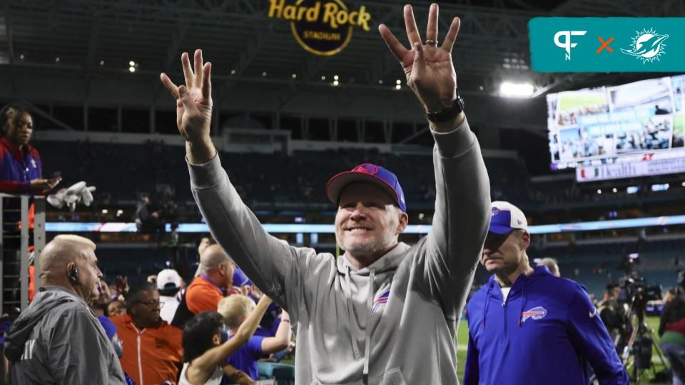 Buffalo Bills head coach Sean McDermott celebrates after the game against the Miami Dolphins at Hard Rock Stadium.