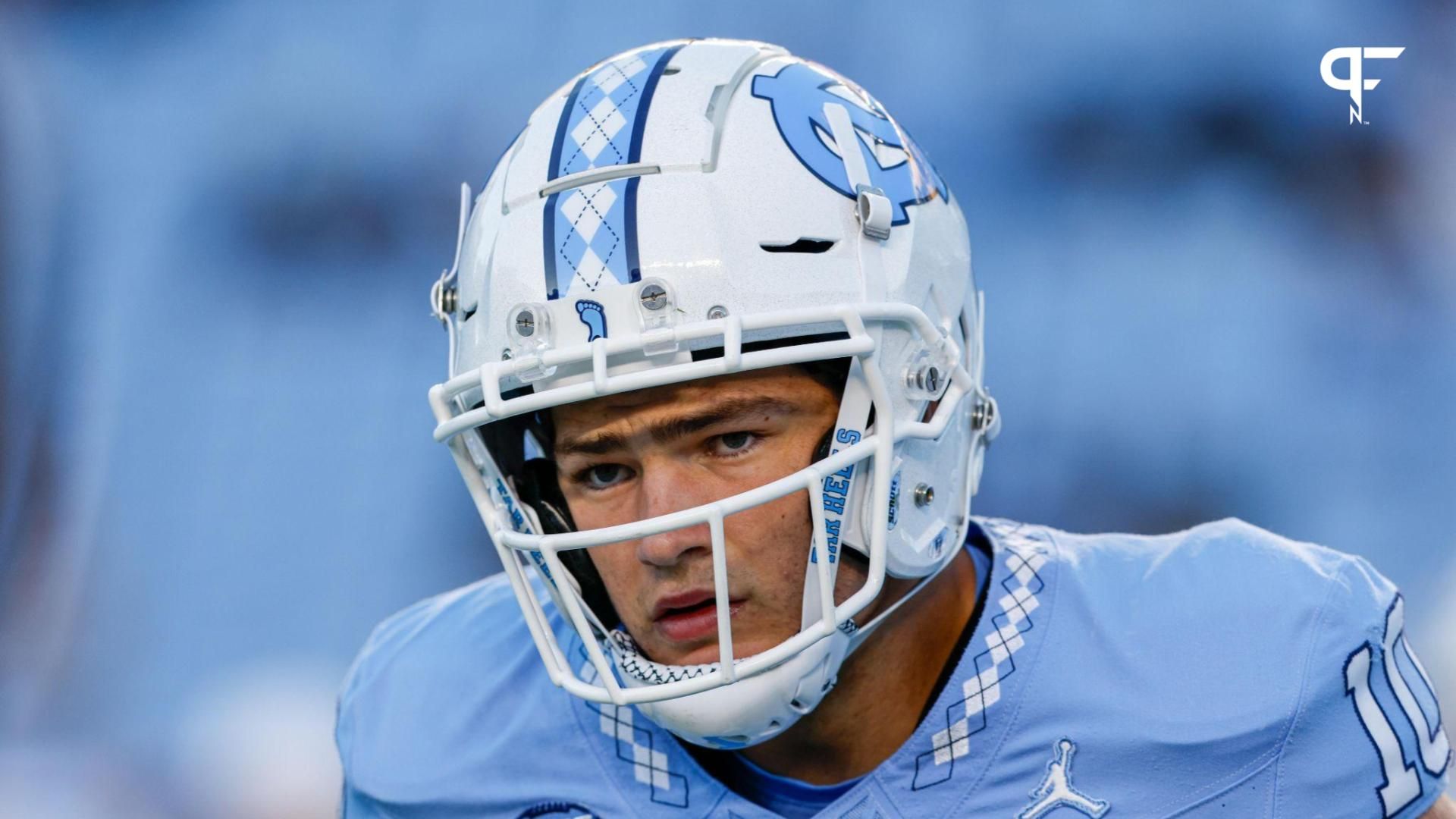 North Carolina Tar Heels quarterback Drake Maye (10) stands on the field before a game against the Virginia Cavaliers at Kenan Memorial Stadium.