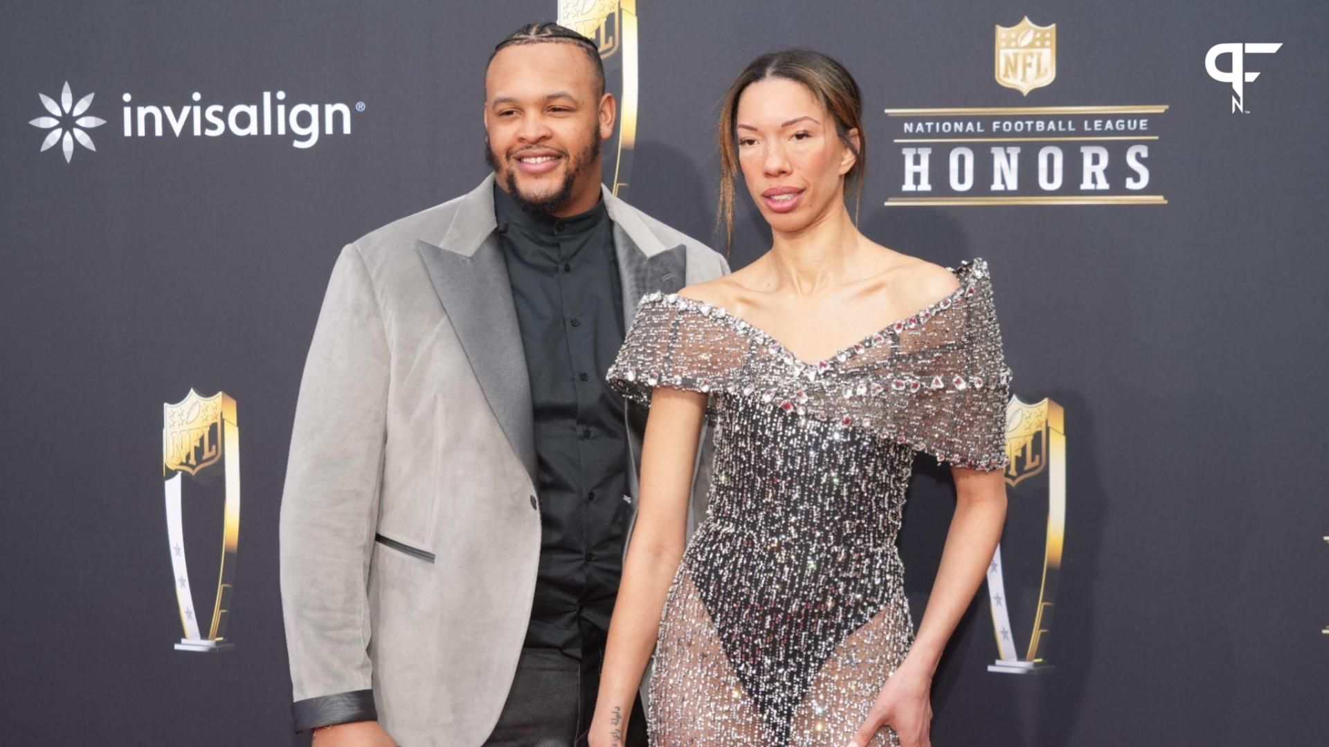 Dion Dawkins and Daiyaana Muhammad on the red carpet before the NFL Honors show at Resorts World Theatre.