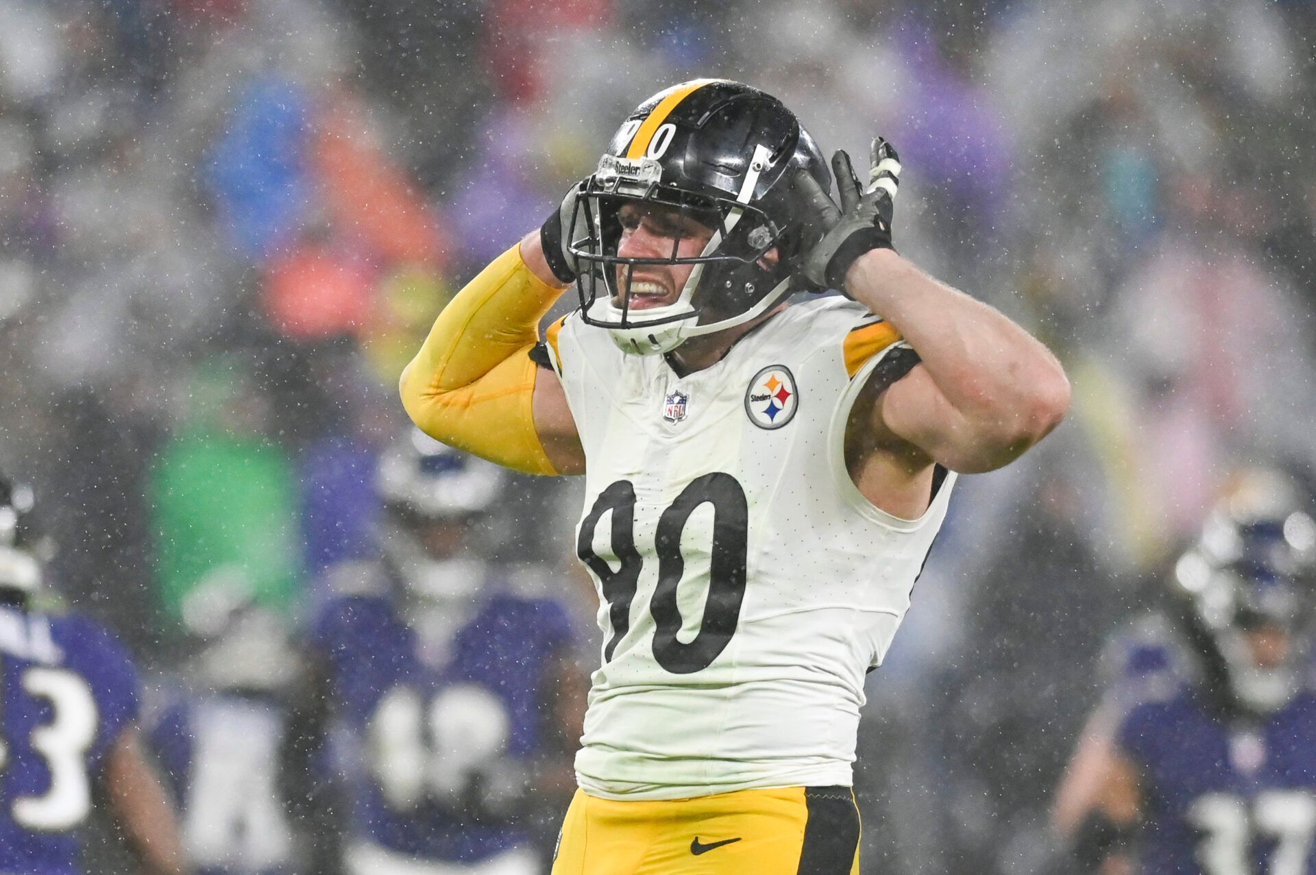 Jan 6, 2024; Baltimore, Maryland, USA; Pittsburgh Steelers linebacker T.J. Watt (90) reacts after sacking Baltimore Ravens quarterback Tyler Huntley (2) in the third quarter at M&T Bank Stadium.