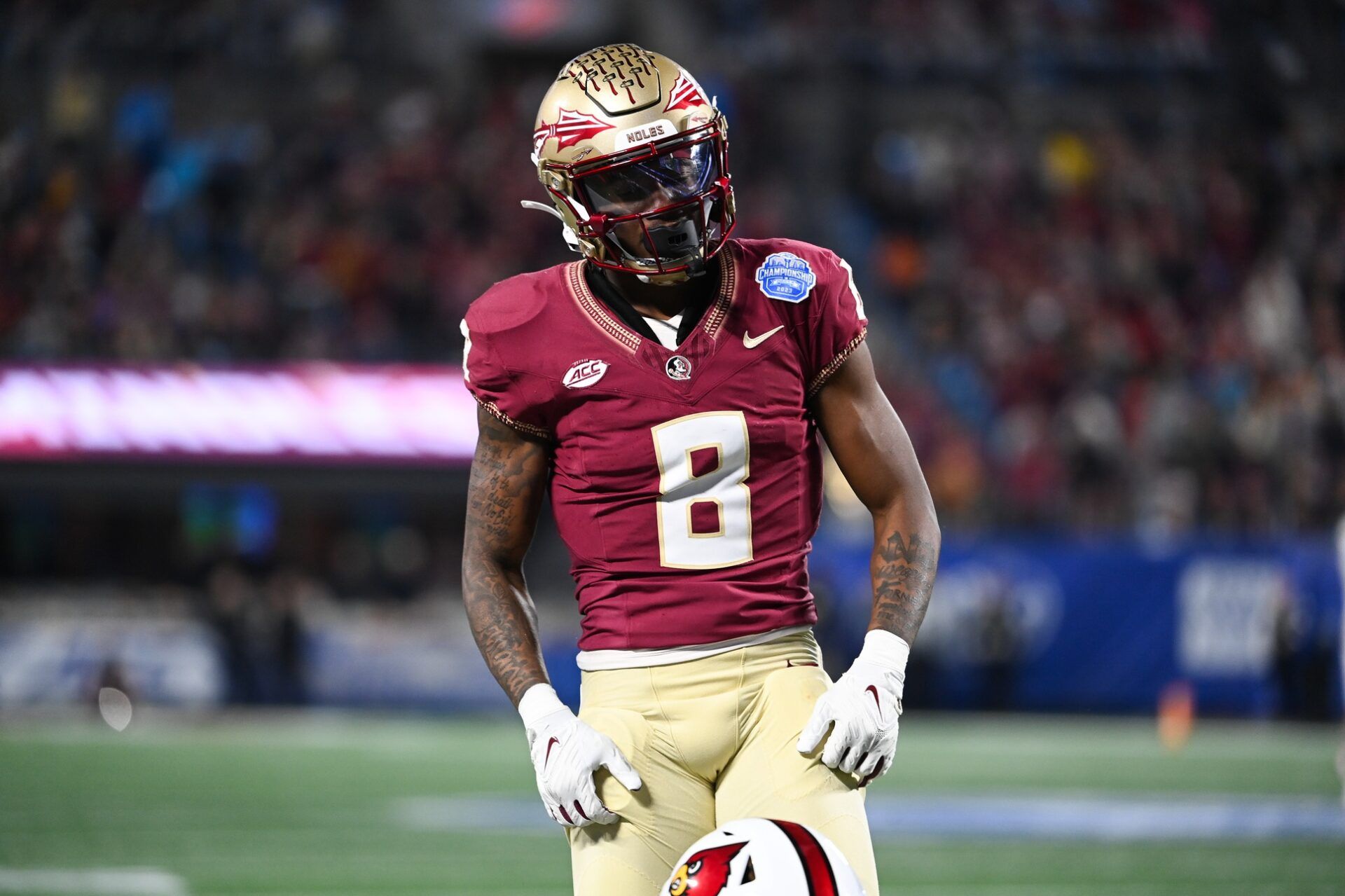 Florida State Seminoles defensive back Renardo Green (8) reacts after breaking up a pass in the third quarter against the Louisville Cardinals at Bank of America Stadium.