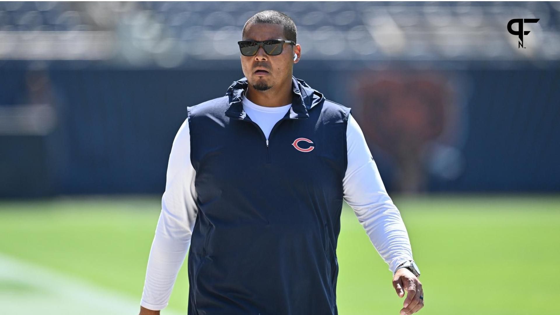 Chicago Bears general manager Ryan Poles walks laps around the field before their game against the Green Bay Packers at Soldier Field.