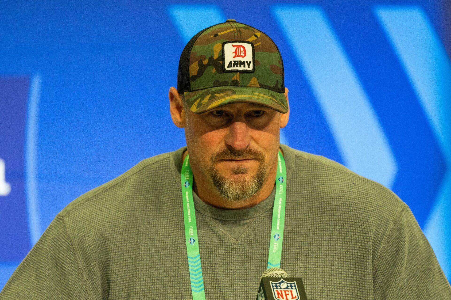 Detroit Lions head coach Dan Campbell talks to the media at the 2024 NFL Combine at Indiana Convention Center.