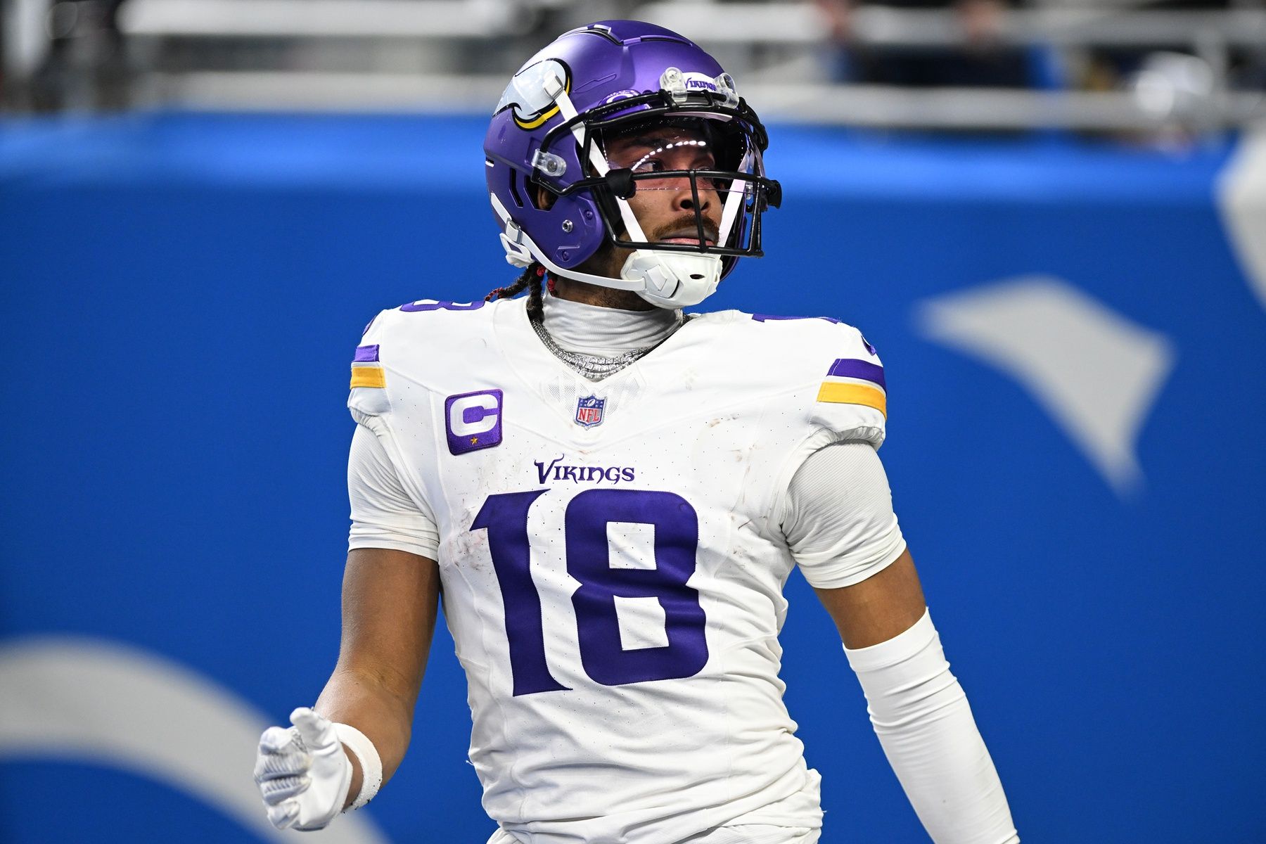 Minnesota Vikings WR Justin Jefferson (18) looks on against the Detroit Lions.