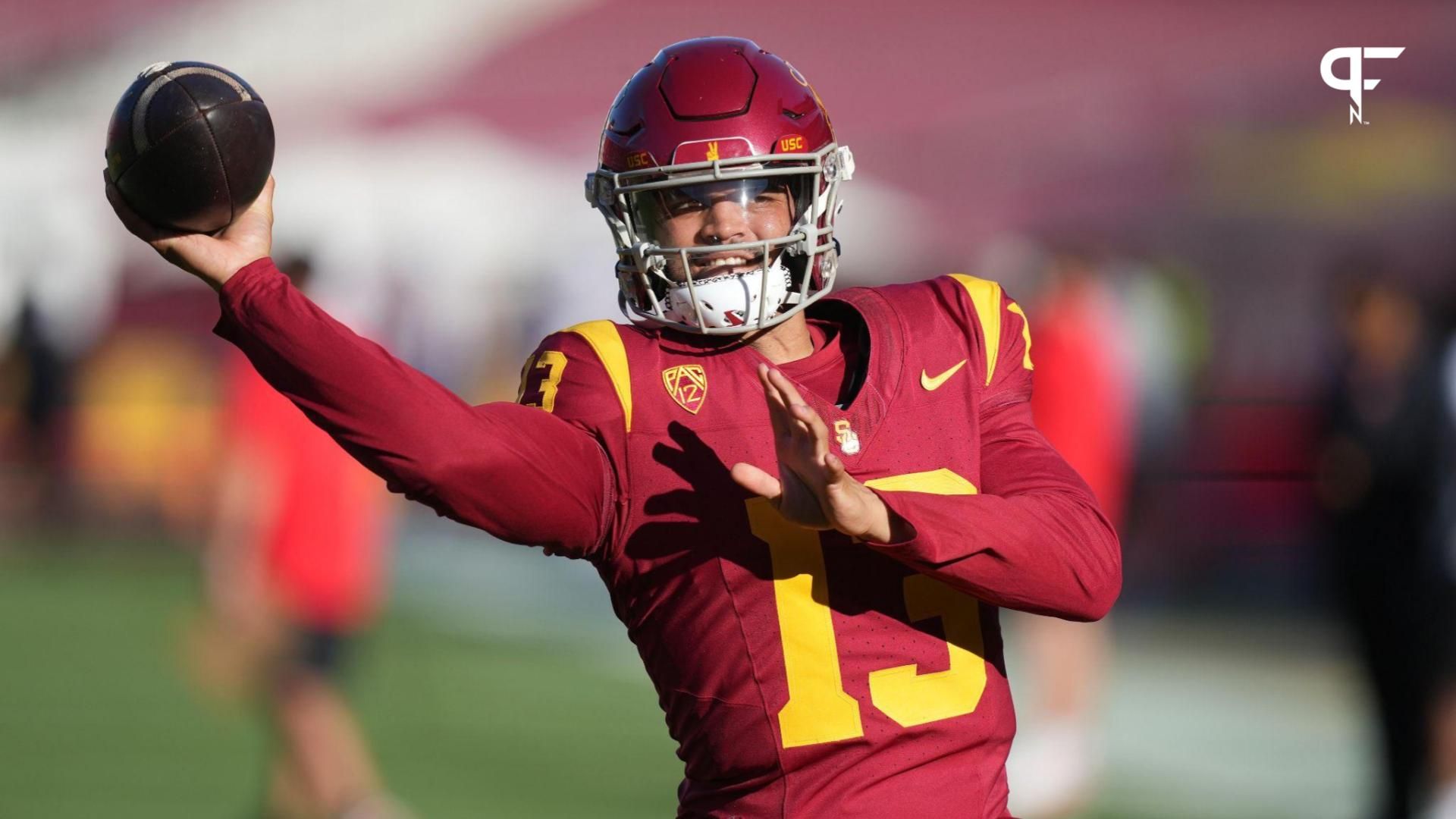 Southern California Trojans quarterback Caleb Williams (13) throws the ball during the game against the Utah Utes at United Airlines Field at Los Angeles Memorial Coliseum.