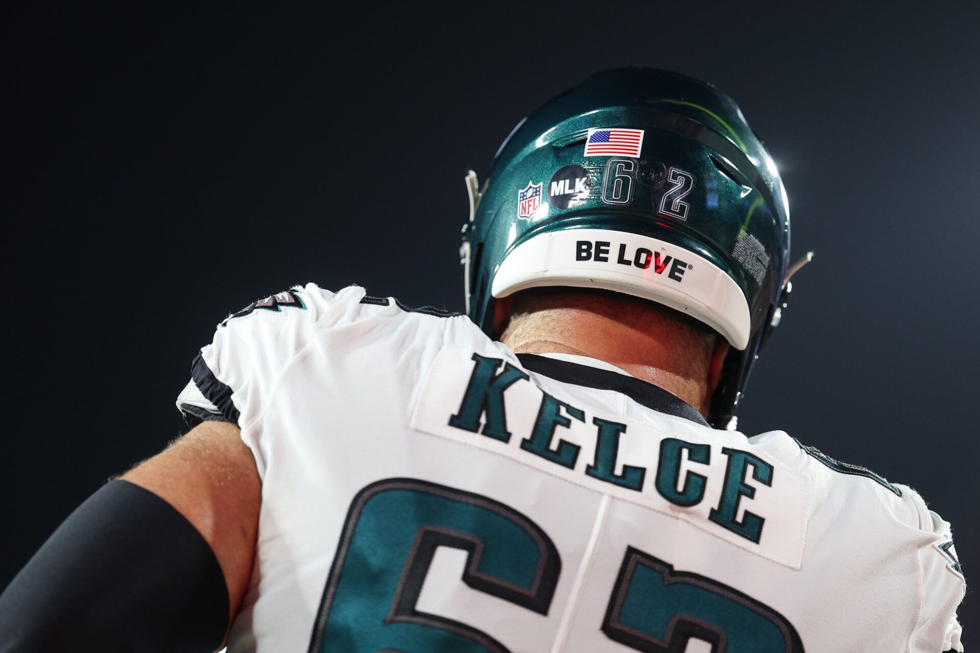 Philadelphia Eagles center Jason Kelce (62) wears an MLK sticker on his helmet in observance of Martin Luther King Jr. Day before a a 2024 NFC wild card game against the Tampa Bay Buccaneers at Raymond James Stadium.