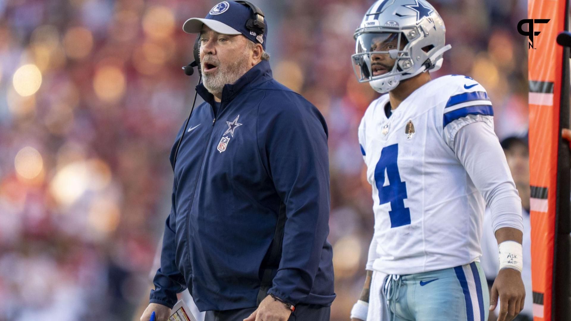 Dallas Cowboys head coach Mike McCarthy (left) and quarterback Dak Prescott (4) watch against the San Francisco 49ers during the first quarter at Levi's Stadium.