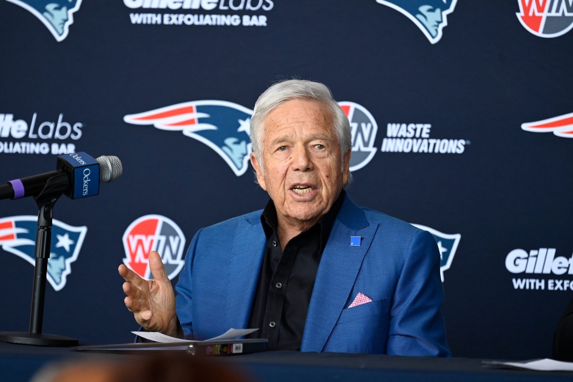 New England Patriots owner Robert Kraft addresses media at a press conference announcing the hiring of Jerod Mayo as the team's new head coach at Gillette Stadium.