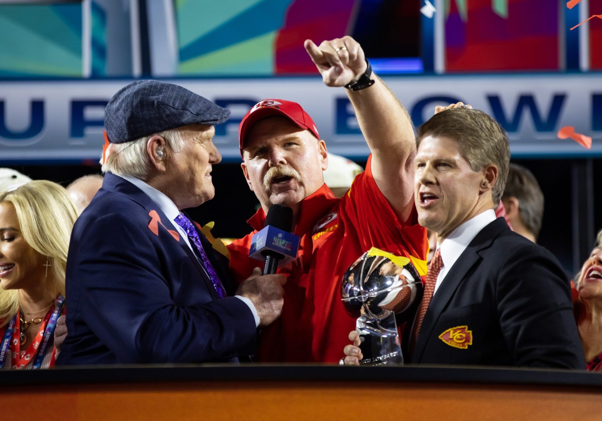 Kansas City Chiefs head coach Andy Reid and owner Clark Hunt celebrate after winning the Super Bowl.