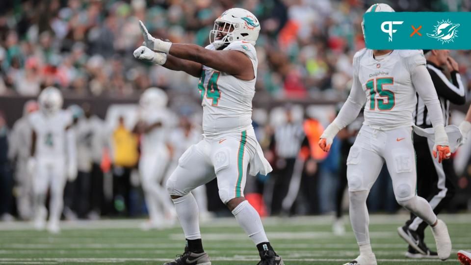 Miami Dolphins defensive tackle Christian Wilkins (94) reacts after a sack during the first half against the New York Jets at MetLife Stadium.