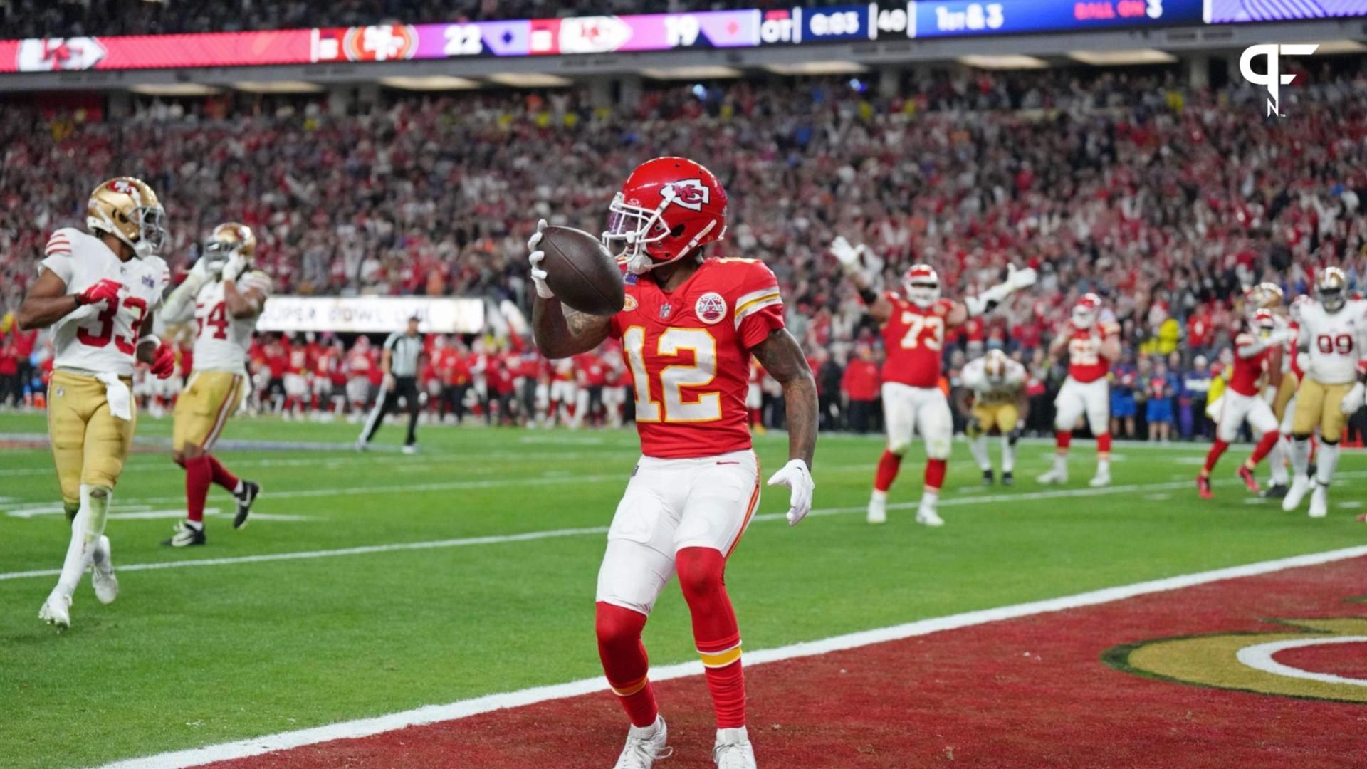 Kansas City Chiefs WR Mecole Hardman (12) catches the game-winning touchdown against the San Francisco 49ers in the Super Bowl.