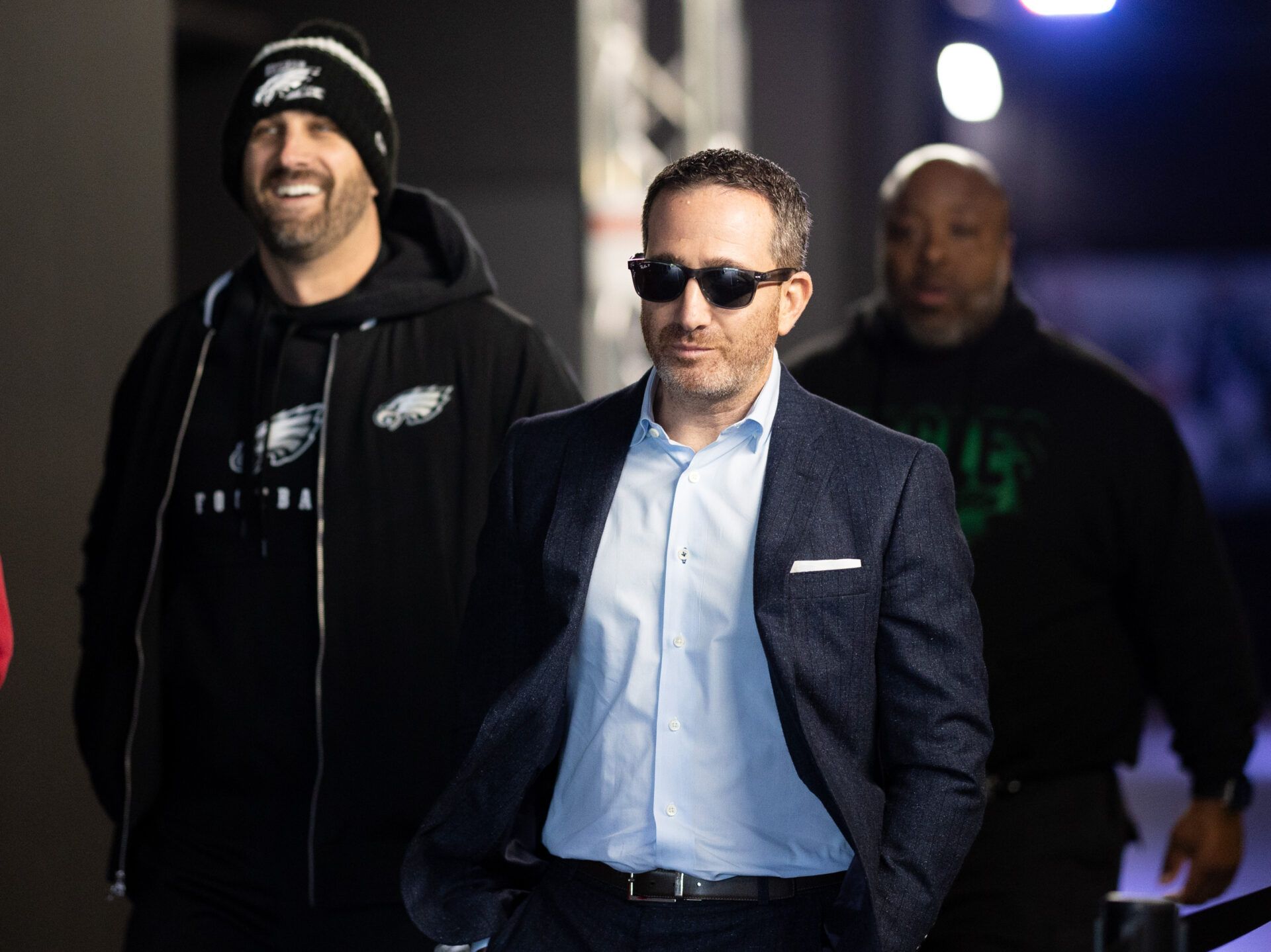 Philadelphia Eagles general manager Howie Roseman (middle) and head coach Nick Sirianni (L) walk from the tunnel before a game against the Arizona Cardinals at Lincoln Financial Field.