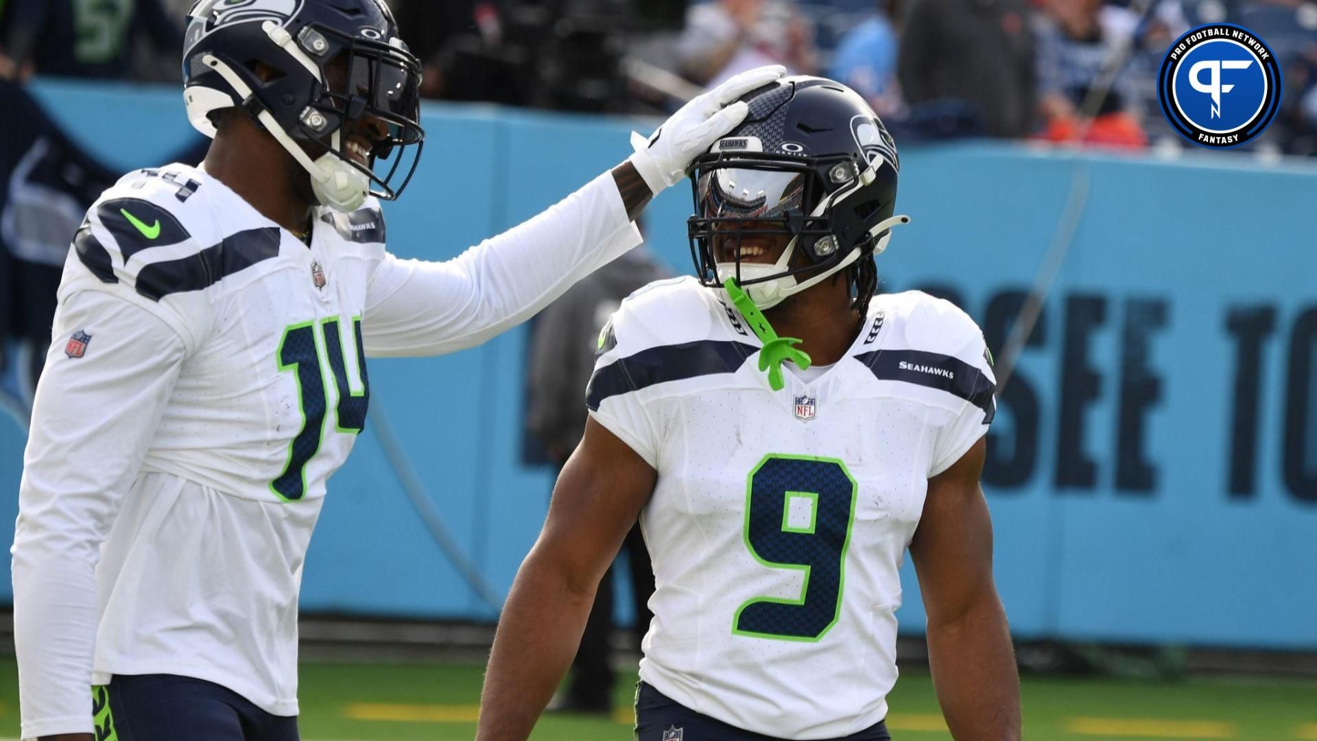 Seattle Seahawks wide receiver DK Metcalf (14) and running back Kenneth Walker III (9) before the game against the Tennessee Titans at Nissan Stadium.