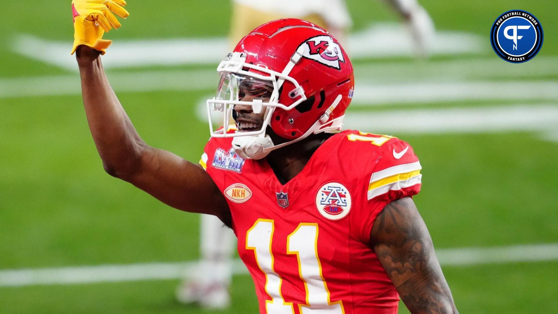 Kansas City Chiefs wide receiver Marquez Valdes-Scantling (11) celebrates a touchdown catch against the San Francisco 49ers in the second half in Super Bowl LVIII at Allegiant Stadium.