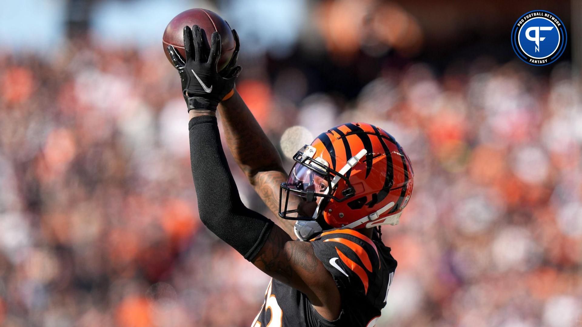 Cincinnati Bengals wide receiver Tee Higgins (85) catches a pass along the sideline in the first quarter during a Week 9 NFL football game, Sunday, Nov. 7, 2021, at Paul Brown Stadium in Cincinnati. The Cleveland Browns lead the Cincinnati Bengals 24-10 at halftime.