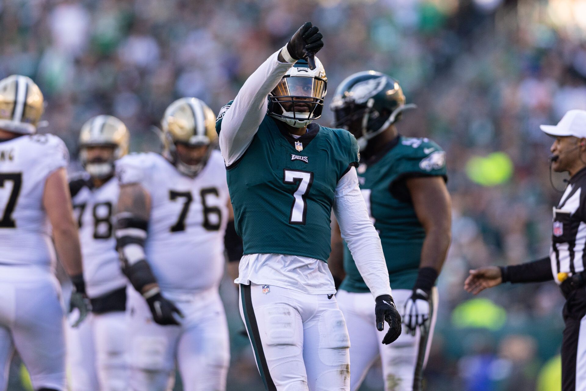 Philadelphia Eagles linebacker Haason Reddick (7) reacts after a defensive stop against the New Orleans Saints during the fourth quarter at Lincoln Financial Field.