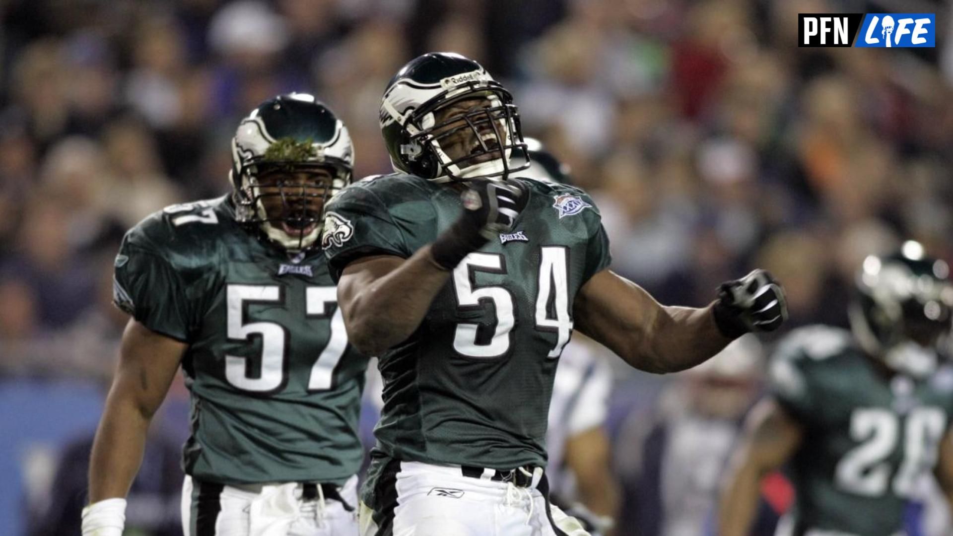 Philadelphia Eagles linebacker Jeremiah Trotter (54) reacts after a play against the New England Patriots in Super Bowl XXXIX at Alltel Stadium. The Patriots won the game 24-21.