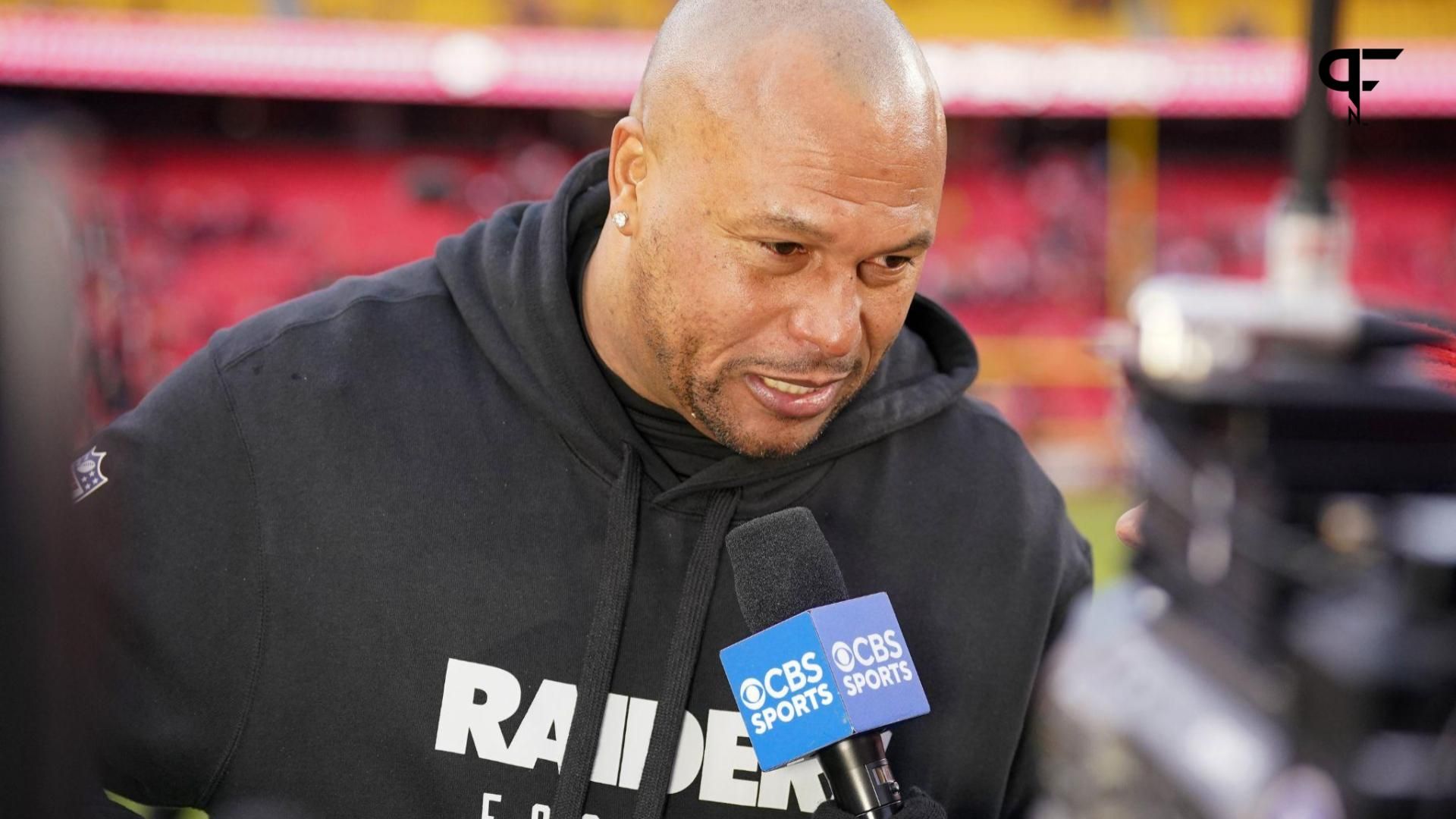 Las Vegas Raiders interim head coach Antonio Pierce talks to media against the Kansas City Chiefs after the game at GEHA Field at Arrowhead Stadium.