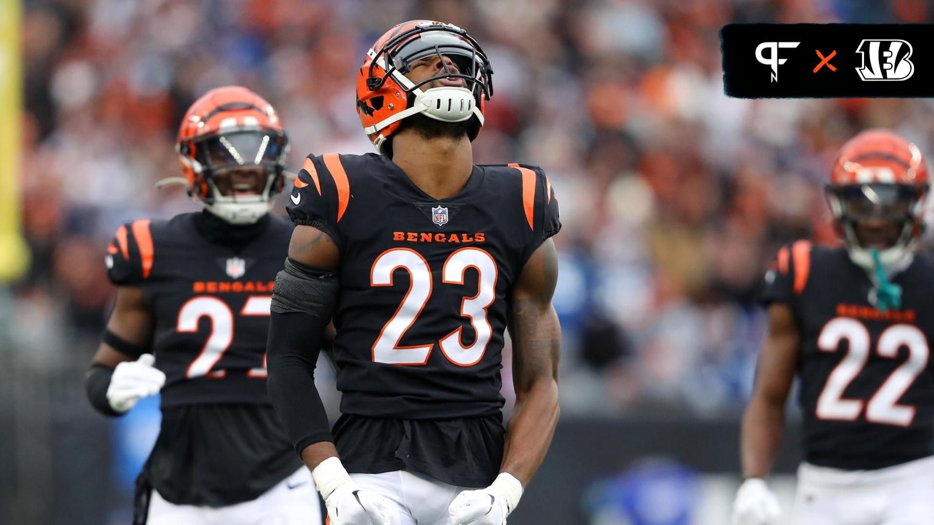 Cincinnati Bengals safety Dax Hill (23) celebrates a pass breakup during the first quarter against the Indianapolis Colts at Paycor Stadium.