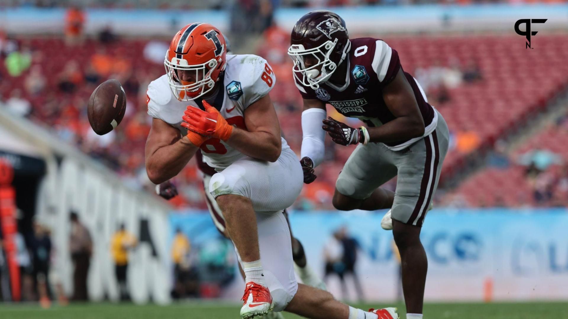 Mississippi State Bulldogs wide receiver Rara Thomas (0) defends Illinois Fighting Illini tight end Tip Reiman (89) during the second half in the 2023 ReliaQuest Bowl at Raymond James Stadium.