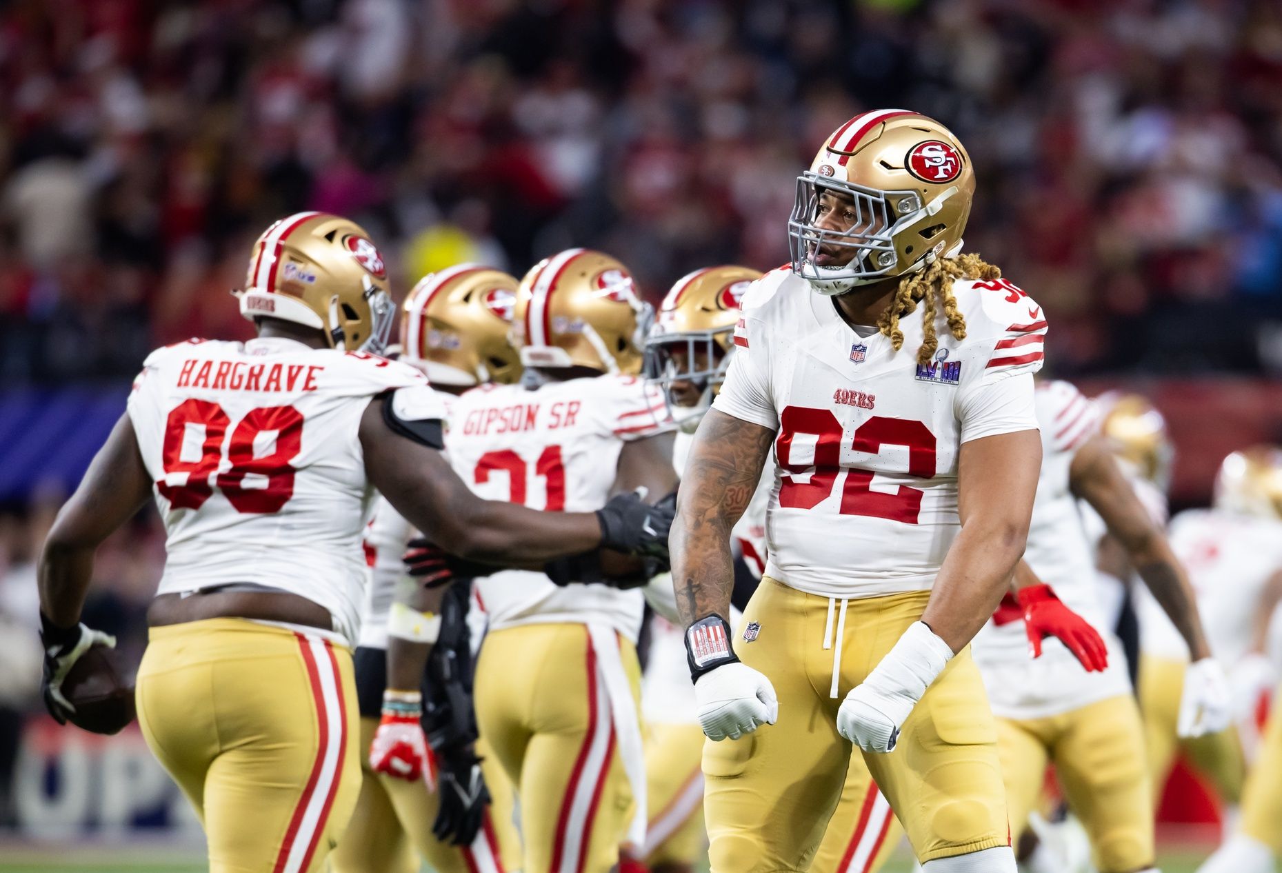 San Francisco 49ers defensive end Chase Young (92) celebrates a play against the Kansas City Chiefs in Super Bowl LVIII at Allegiant Stadium.