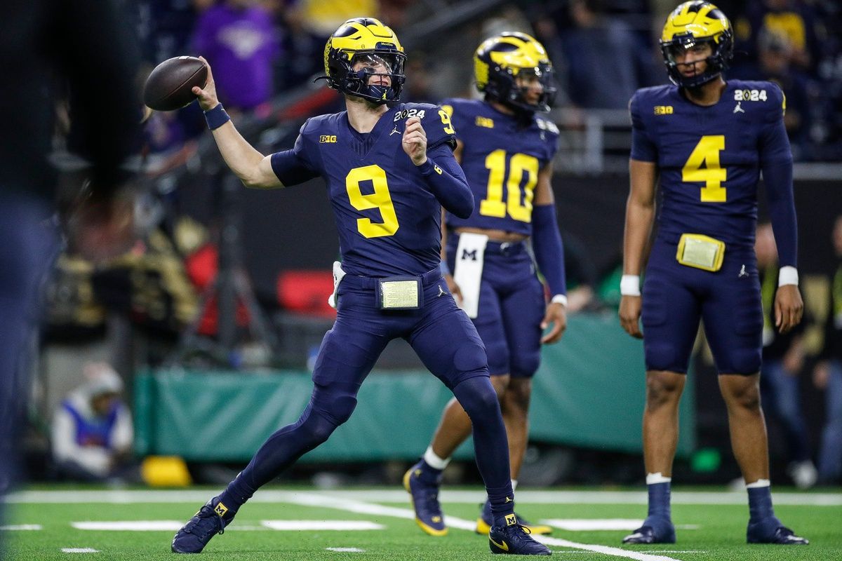 Michigan quarterback J.J. McCarthy warms up before the national championship game at NRG Stadium in Houston on Monday, Jan. 8, 2024.