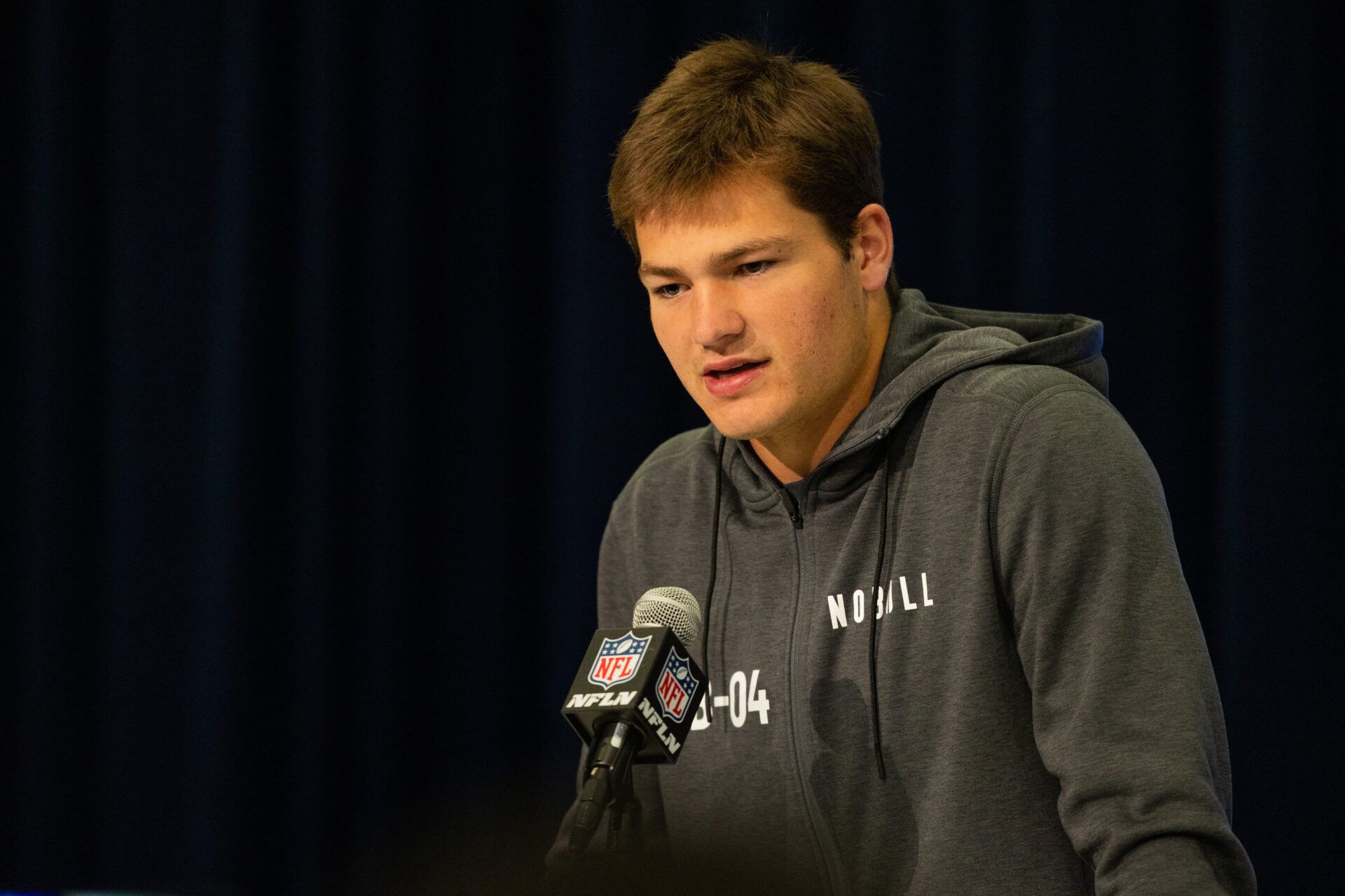 North Carolina quarterback Drake Maye (QB04) talks to the media during the 2024 NFL Combine at Lucas Oil Stadium.