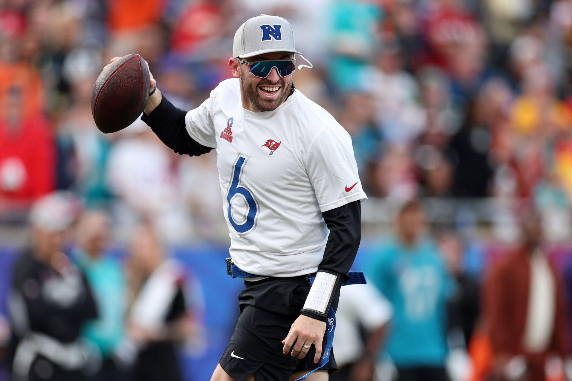 NFC quarterback Baker Mayfield (60 of the Tampa Bay Buccaneers reacts against the AFC during the 2024 Pro Bowl at Camping World Stadium.