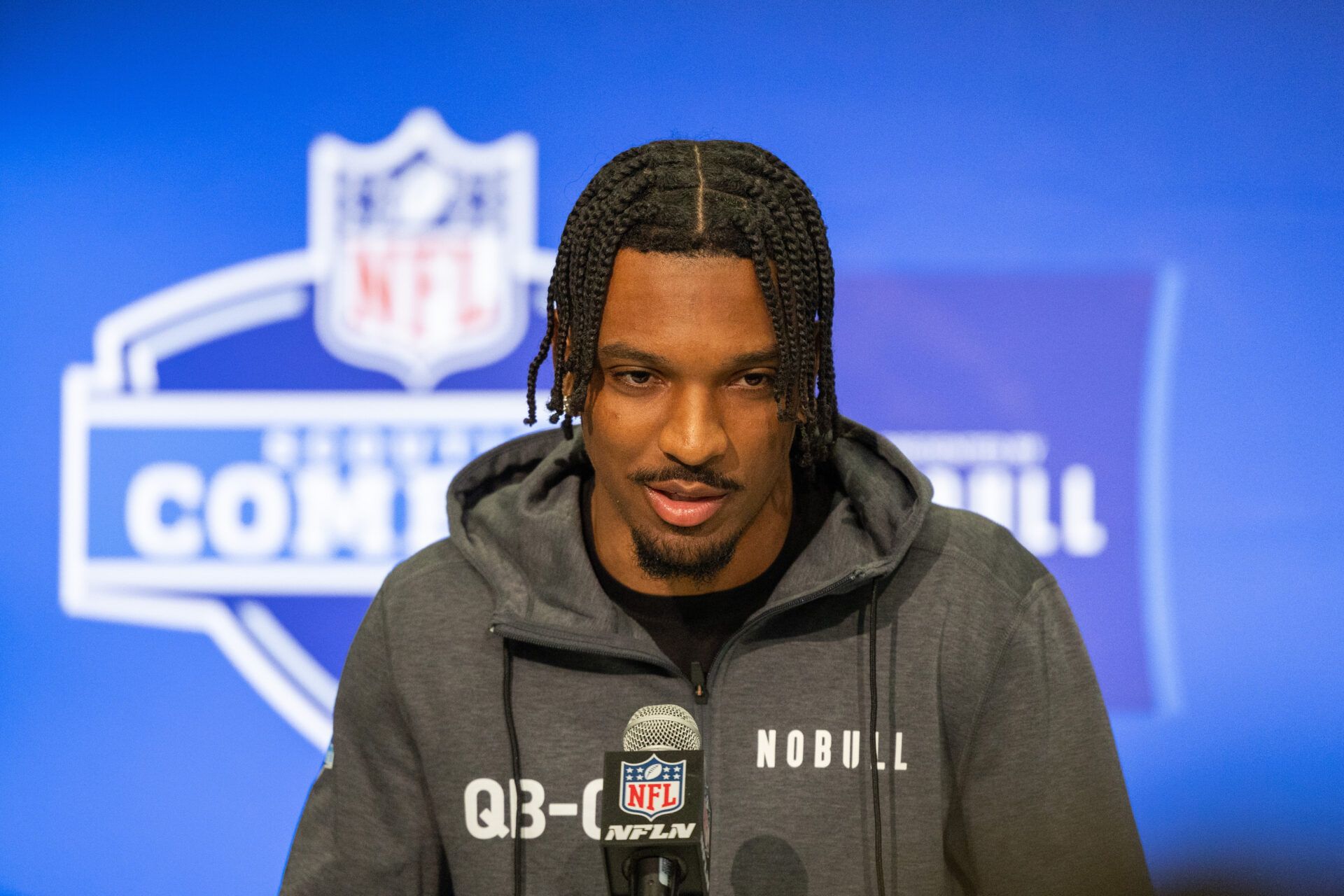 Louisiana State quarterback Jayden Daniels (QB01) talks to the media during the 2024 NFL Combine at Lucas Oil Stadium.