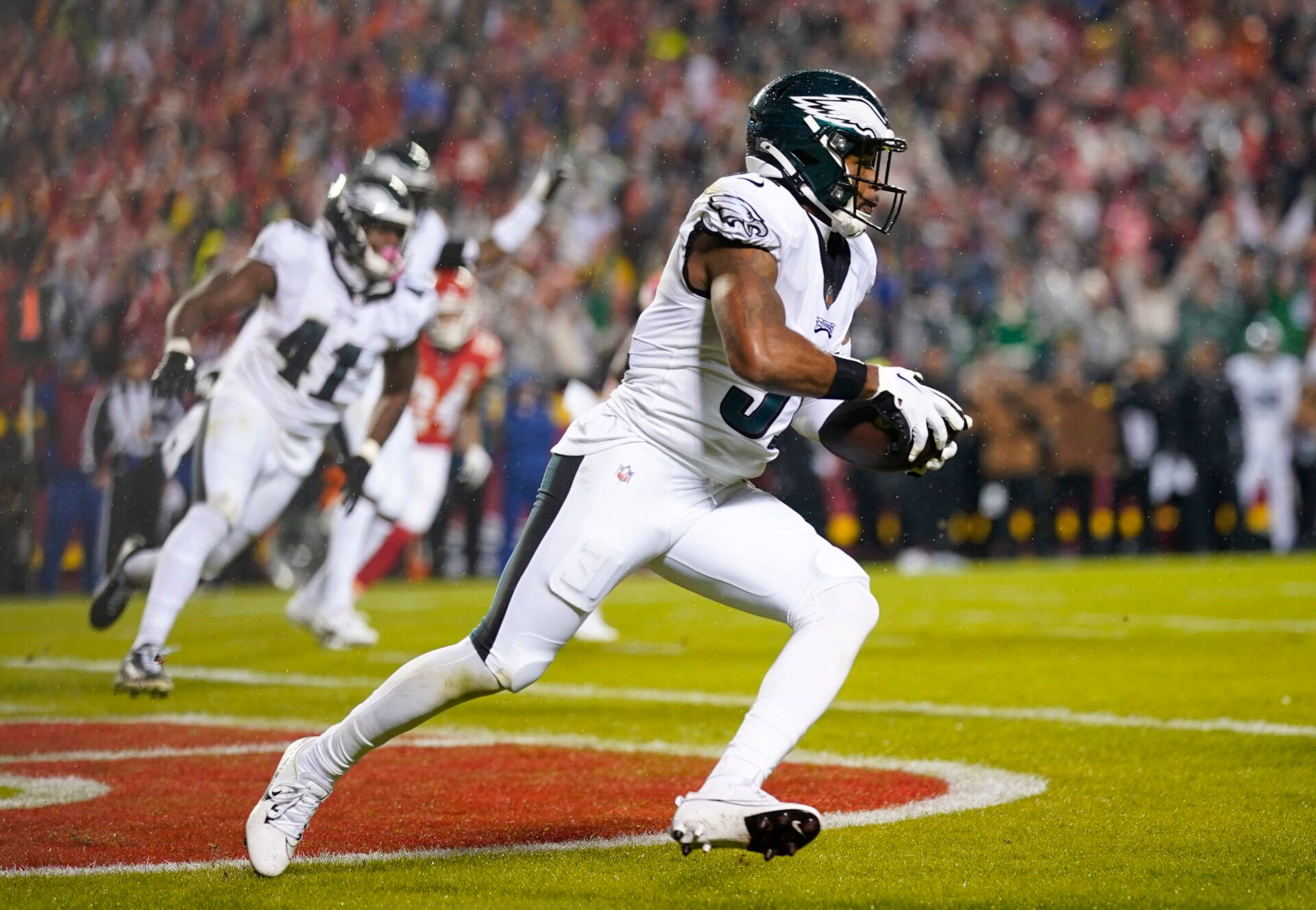 Philadelphia Eagles safety Kevin Byard (31) intercepts a pass during the first half against the Kansas City Chiefs at GEHA Field at Arrowhead Stadium.